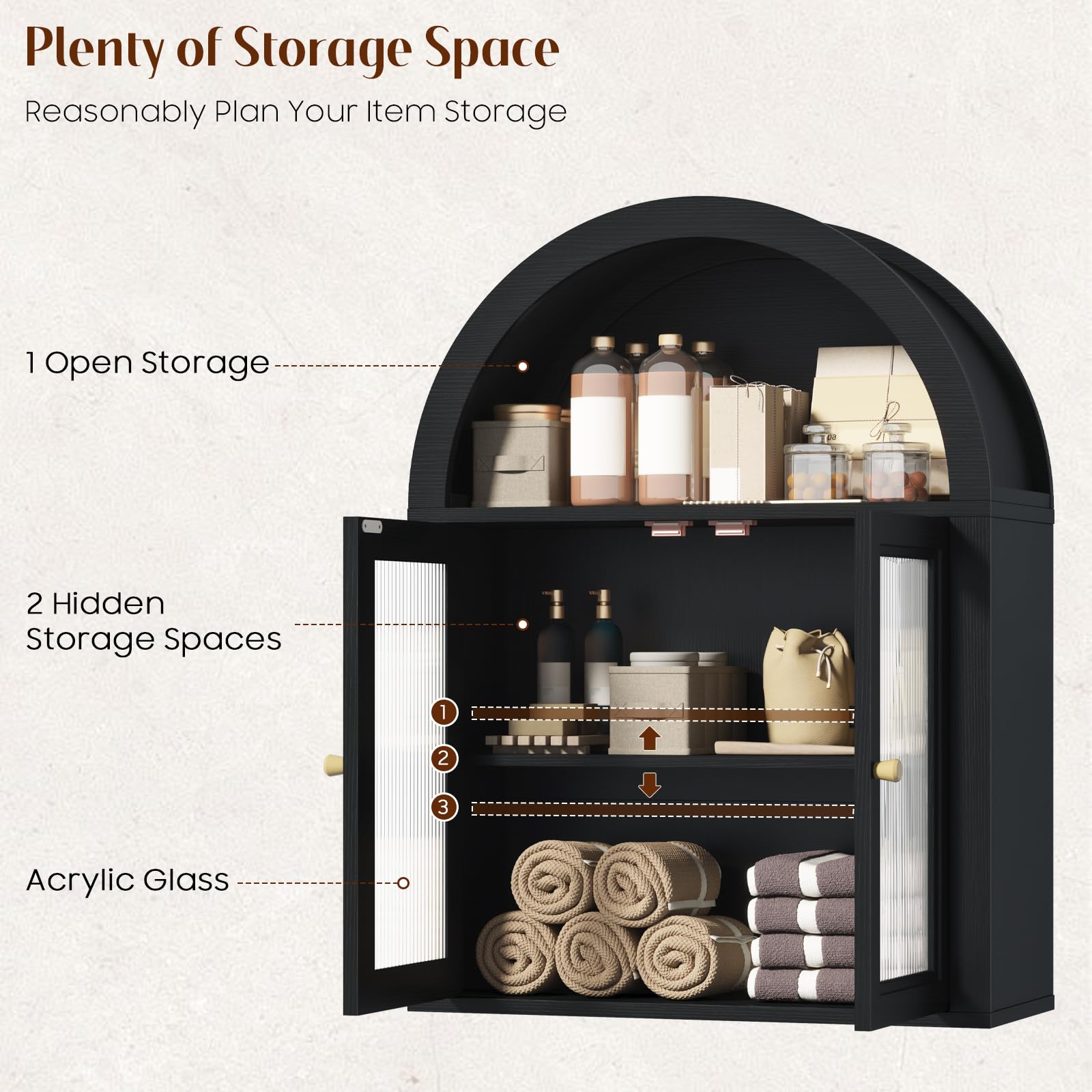 Halitaa Arched Wall Cabinet Over The Toilet Storage Cabinet, 23.6×31.5'' Wood Cabinet, bathroom cabinet wall mount with Acrylic Doors & Adjustable Shelves for Bathroom Laundry Room, Bedroom Kitchen, Black