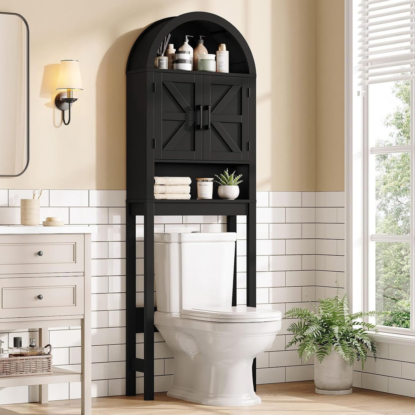 Halitaa Arched Over The Toilet Storage Cabinet with Barn Doors | Wooden Small Organizer, Farmhouse Style Bathroom Cabinet with Adjustable Shelf, Freestanding Bathroom Storage Cabinet