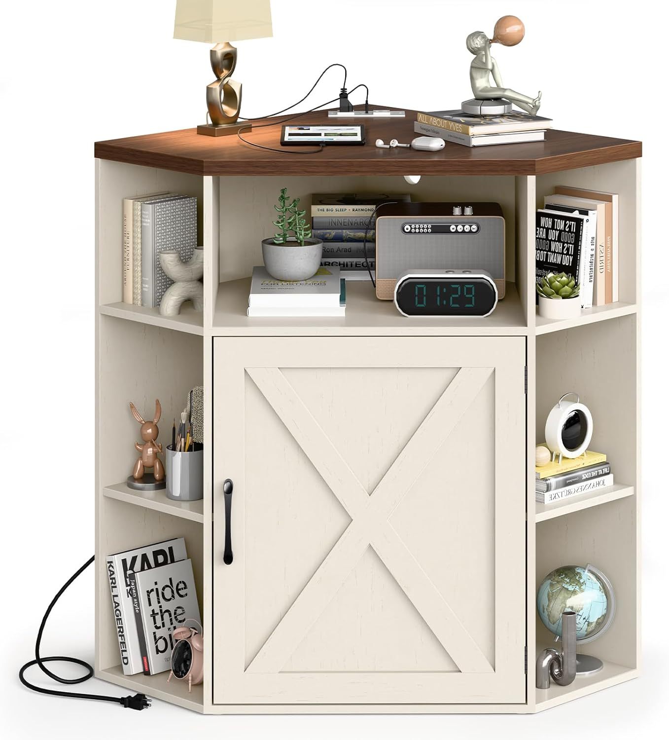 Corner Storage Cabinet, Farmhouse Corner Bookshelf with Storage 6-Cubby Wooden Cabinet with USB Ports and Outlets Industrial Organizer for Small Space, Study, Playroom, Living Room