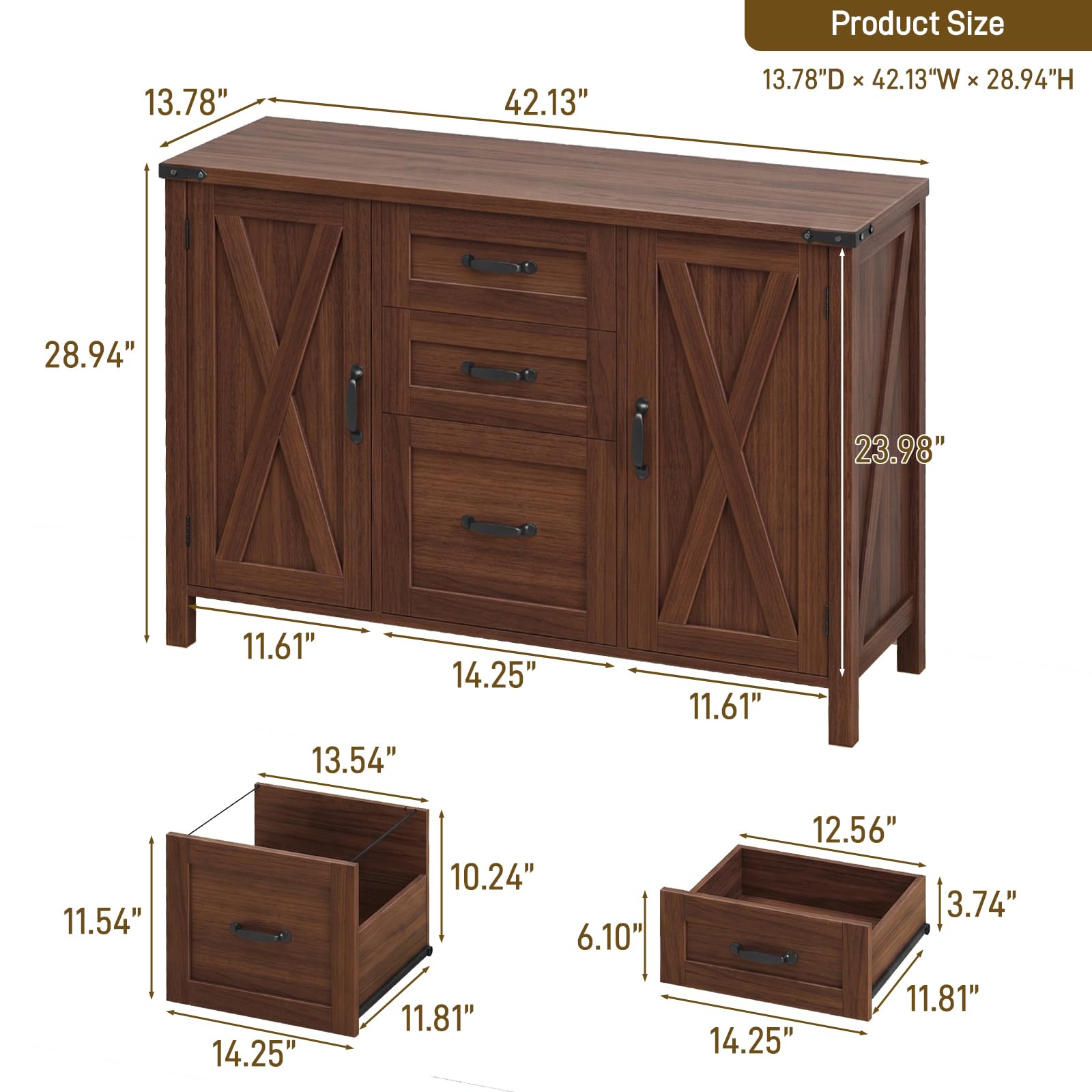 Halitaa 3 Drawer File Cabinet, Farmhouse Lateral Filing Cabinet with Doors Fits Letter or A4 Size, Wooden Printer Stand with Open Storage Adjustable Shelf for Home Office, Walnut