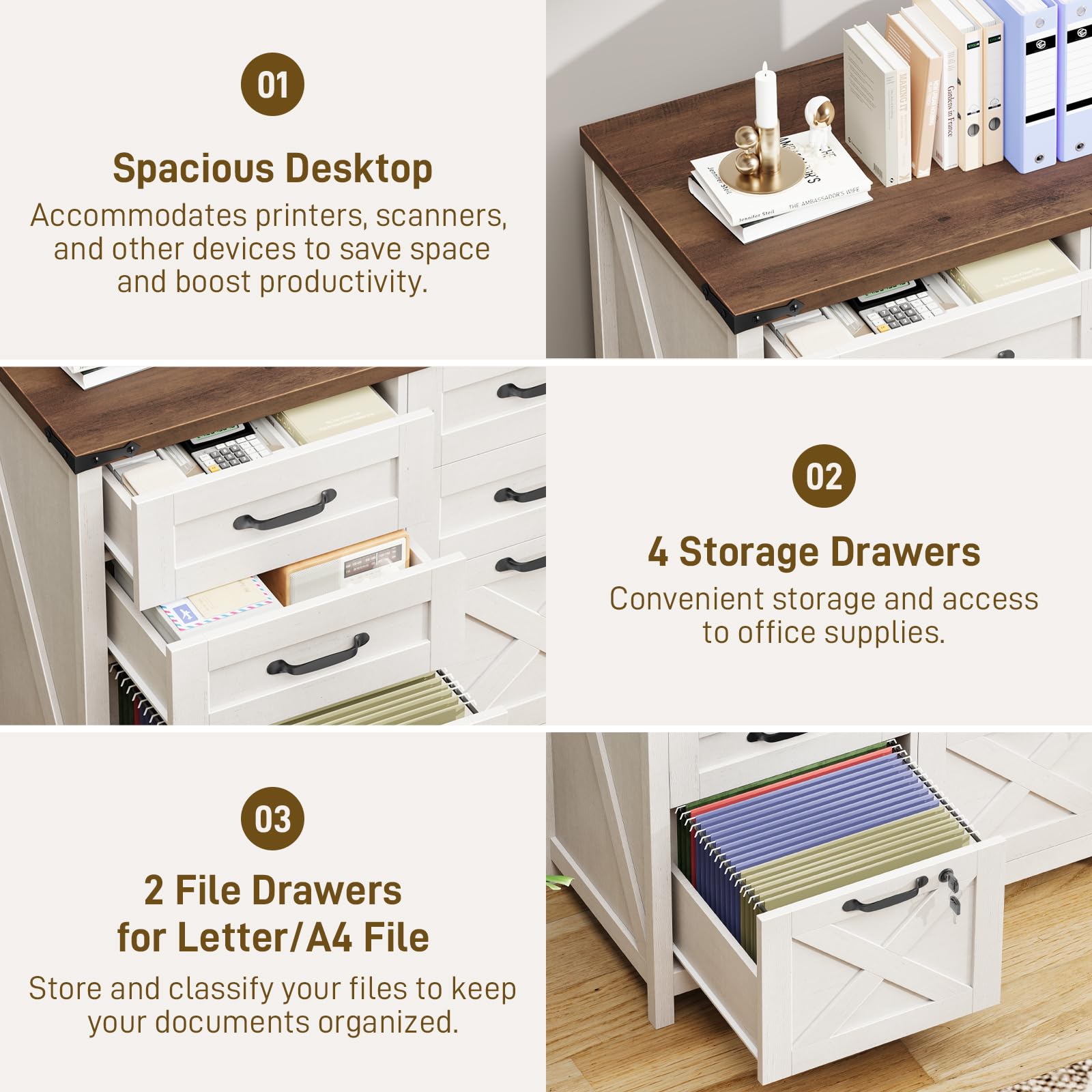 Halitaa Lateral File Cabinet with 6 Drawers, Farmhouse File Cabinet with Lock for Letter/A4 Size Hanging Files, Wood File Storage Cabinets Printer Stand for Home Office Cabinets, Rustic White and Brown