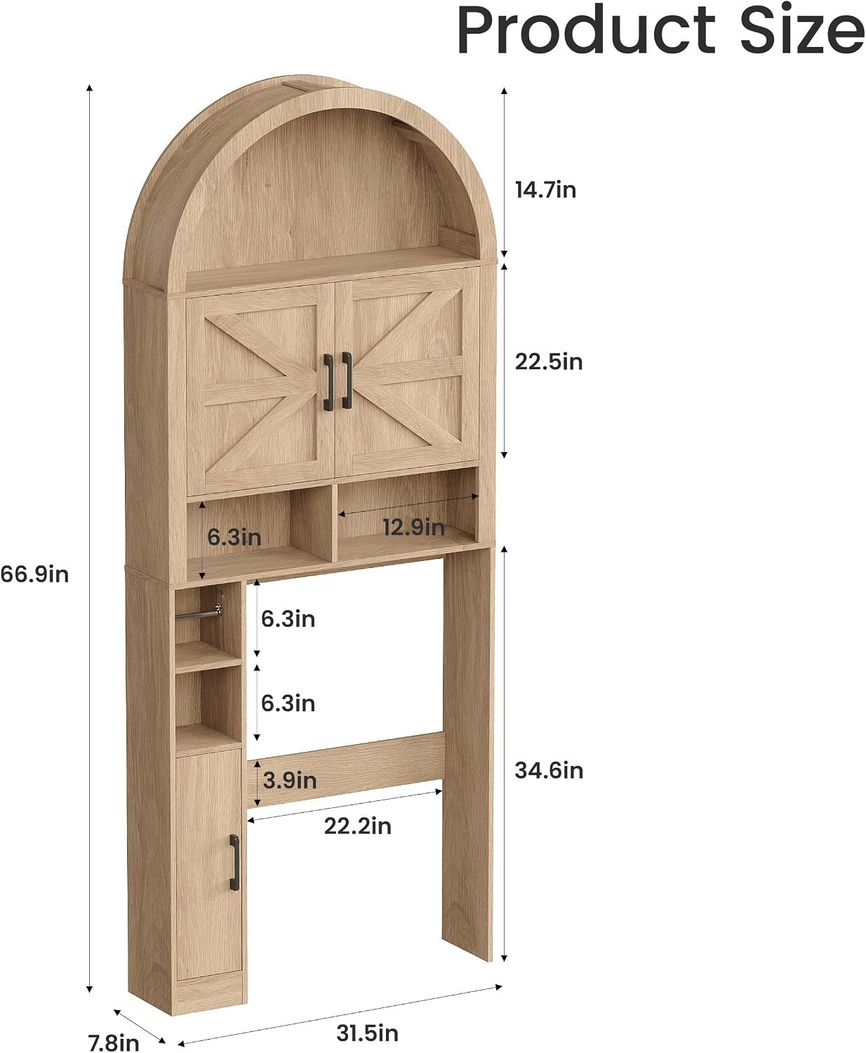 Halitaa Arched Over The Toilet Storage Cabinet with Barn Doors | Wooden Bathroom Cabinet with Adjustable Shelf, Farmhouse Toilet Shelf Home Space Saver with Toilet Paper Holder