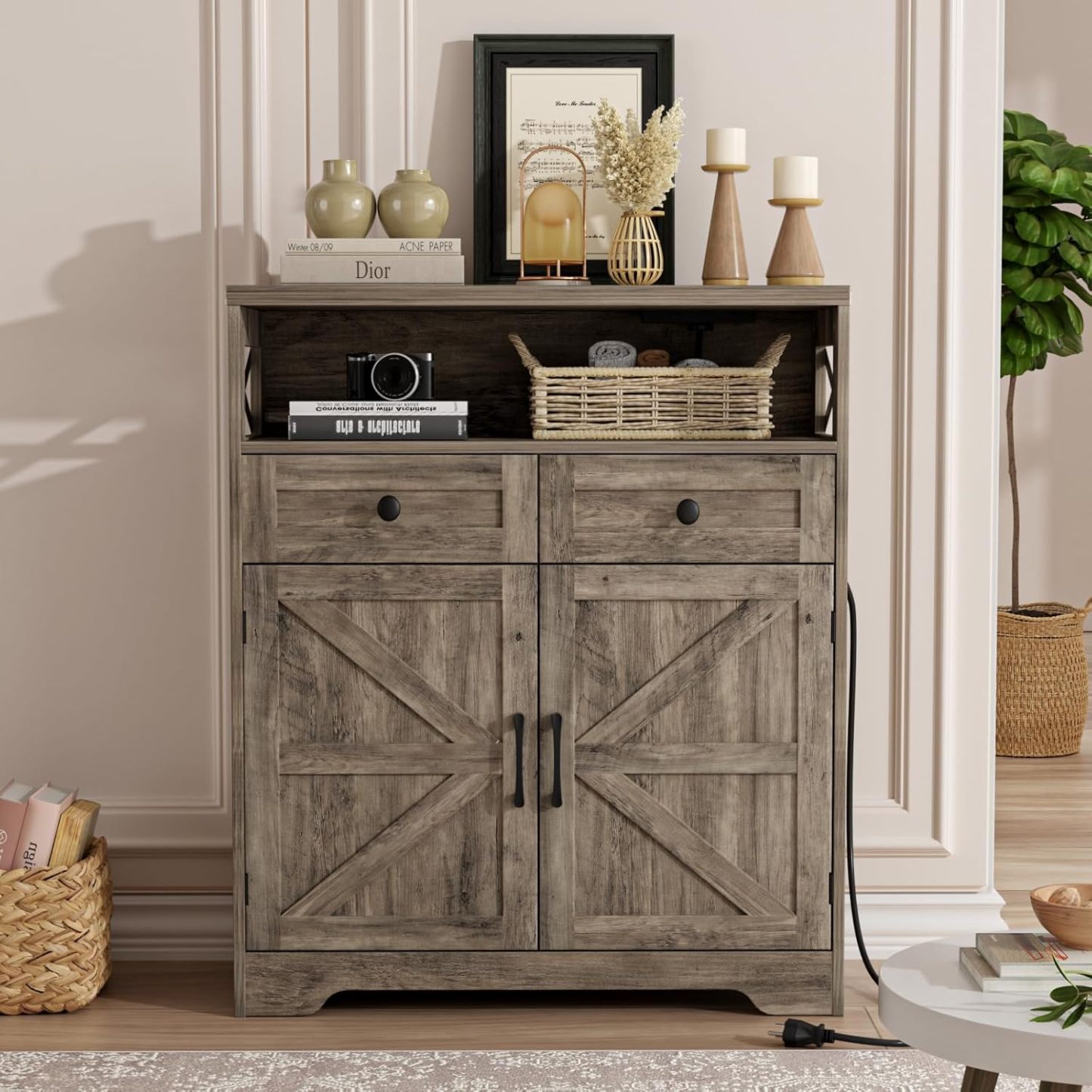 Farmhouse Storage Cabinet with Charge Station & Open Shelf,Coffee Bar 