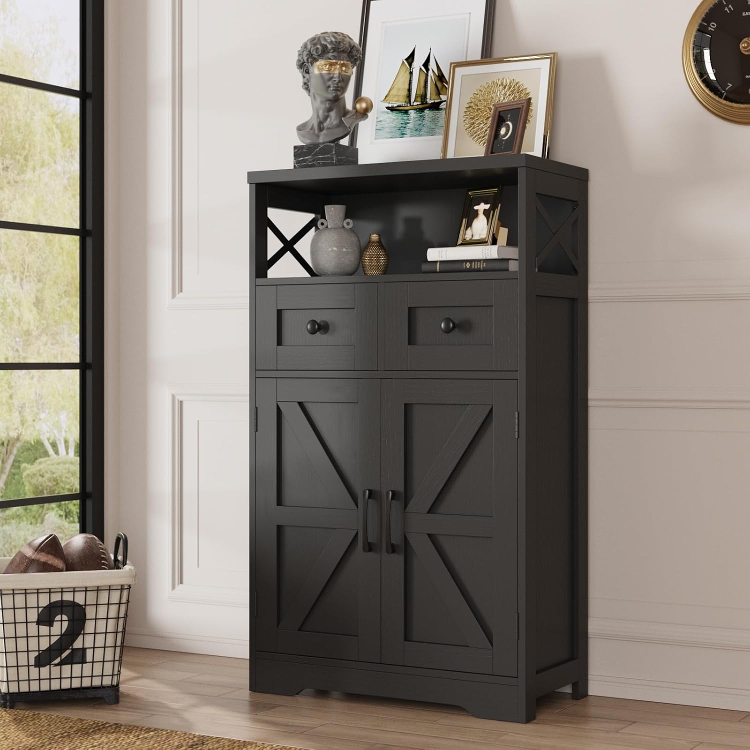 VEANERWOOD Farmhouse Storage Cabinet with Drawers and Shelves, Freestanding Kitchen Pantry Storage Cabinet, Floor Storage Cabinet Hutch Cupboard for Dining/Living Room/Home Office