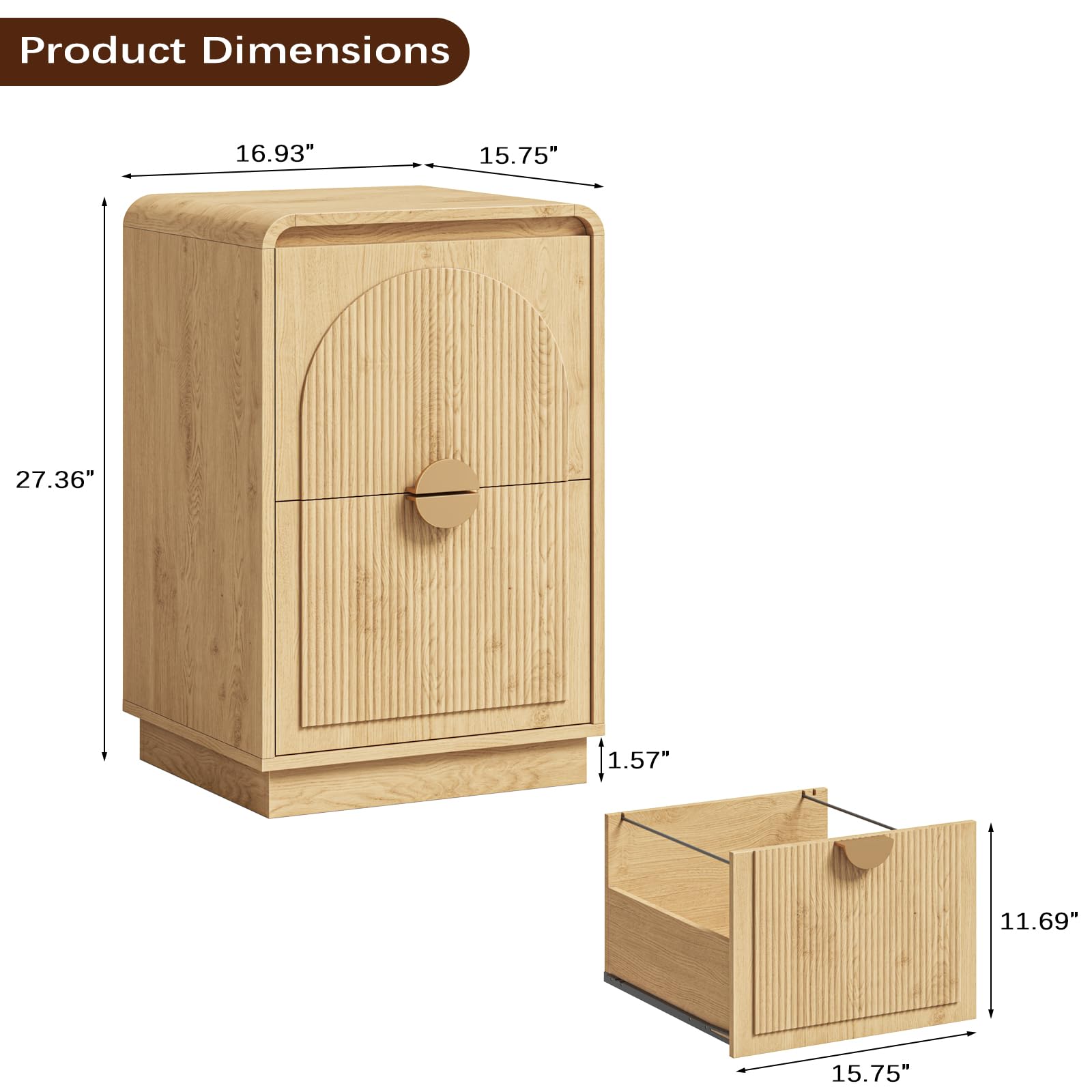 Halitaa Fluted Vertical File Cabinet with 2 File Drawers, Small Filing Cabinet Fits Letter/A4 Size, Modern Storage Cabinet with Curved Corners & Metal Handle, Wooden Printer Stand for Home Office, Natural