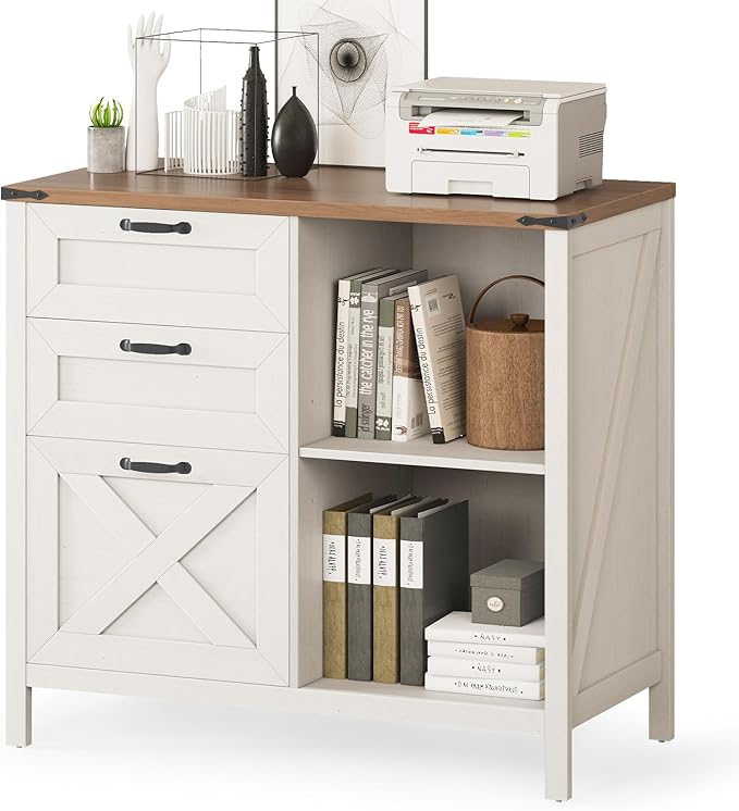 Halitaa 3 Drawer File Cabinet, Farmhouse Lateral Filing Cabinet Fits Files Letter or A4 Size, Wooden Printer Stand with Open Storage Adjustable Shelf for Home Office