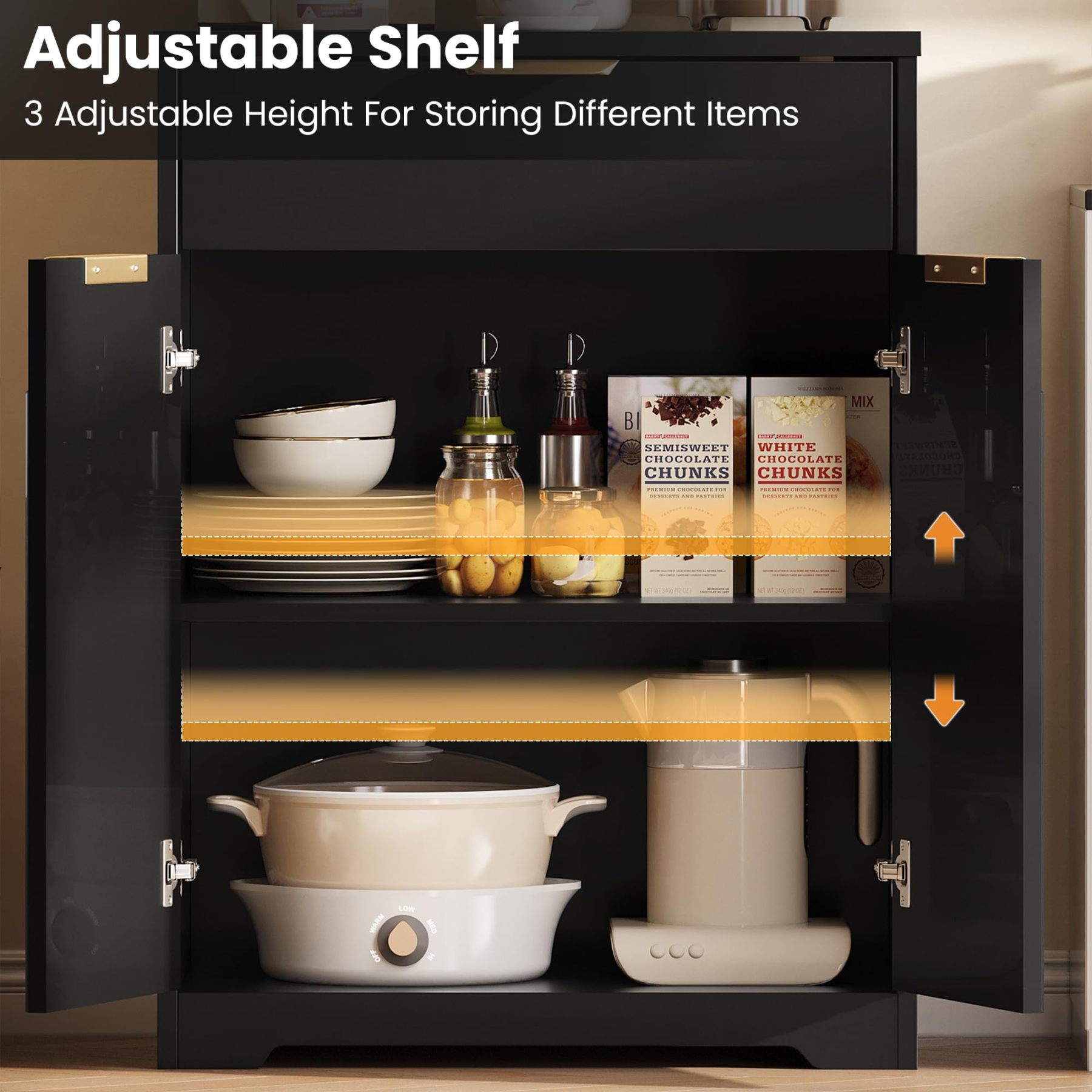 Halitaa Fluted Coffee Bar Cabinet, Sideboard Buffet Cabinet with Storage | Kitchen Island with Dual-Purpose Floating Shelf, Hooks, and Adjustable Shelf for Kitchen, Living Room, Dining Room, Entryway