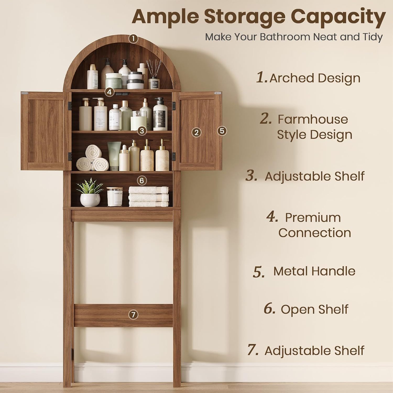 Halitaa Arched Over The Toilet Storage Cabinet with Barn Doors | Wooden Small Organizer, Farmhouse Style Bathroom Cabinet with Adjustable Shelf, Freestanding Bathroom Storage Cabinet