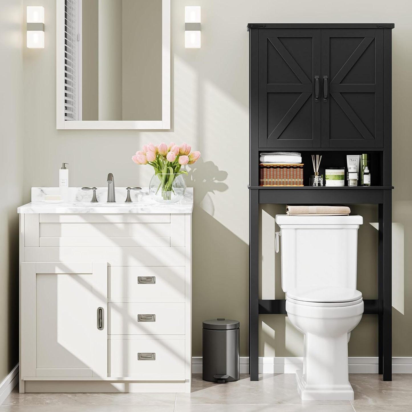 Over The Toilet Storage Cabinet, Farmhouse Over Toilet Bathroom Organizer with 2 Barn Doors, Narrow Above Toilet Storage Cabinet, Behind Toilet Bathroom Organizer