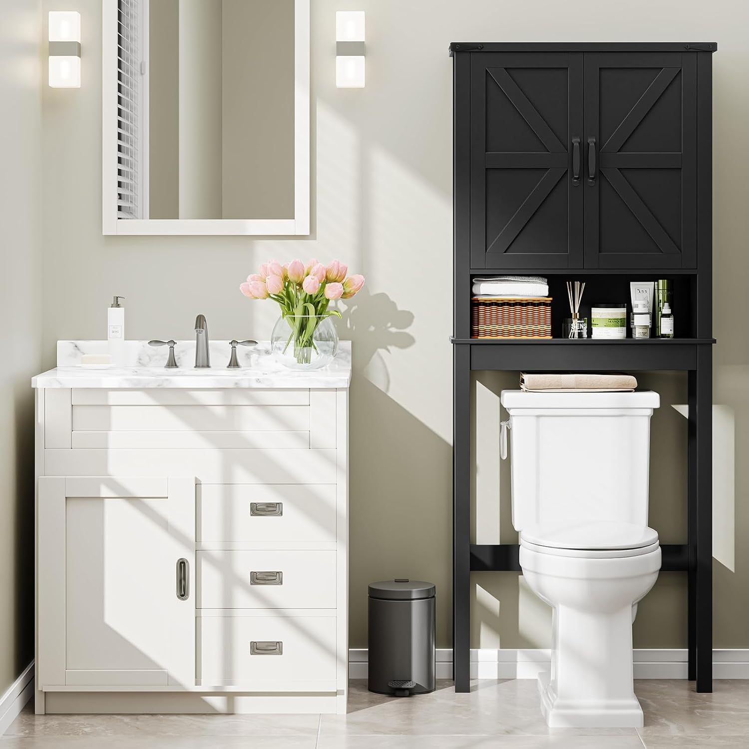 Over The Toilet Storage Cabinet, Farmhouse Over Toilet Bathroom Organizer with 2 Barn Doors, Narrow Above Toilet Storage Cabinet, Behind Toilet Bathroom Organizer