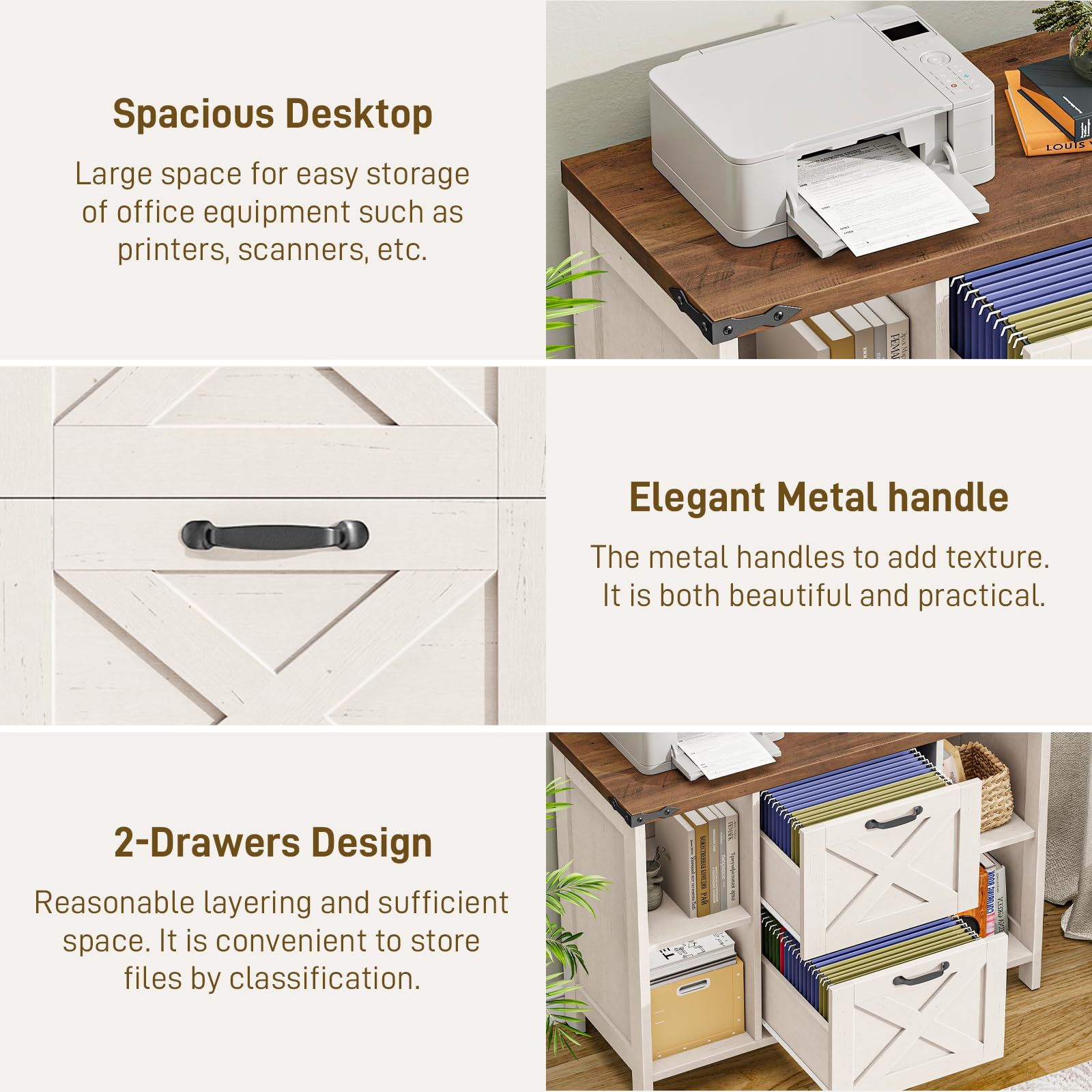 Halitaa Farmhouse Lateral File Cabinet with 2 Drawers and Shelves, Rustic White | Lateral Filing Cabinet Fits Letter or A4 Size, Wood Printer Stand with Open Storage Adjustable Shelf for Home Office