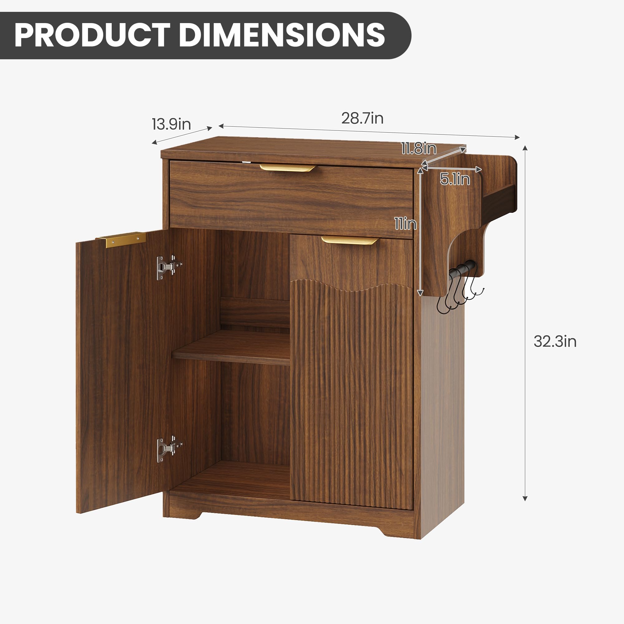 Halitaa Fluted Coffee Bar Cabinet, Sideboard Buffet Cabinet with Storage | Kitchen Island with Dual-Purpose Floating Shelf, Hooks, and Adjustable Shelf for Kitchen, Living Room, Dining Room, Entryway