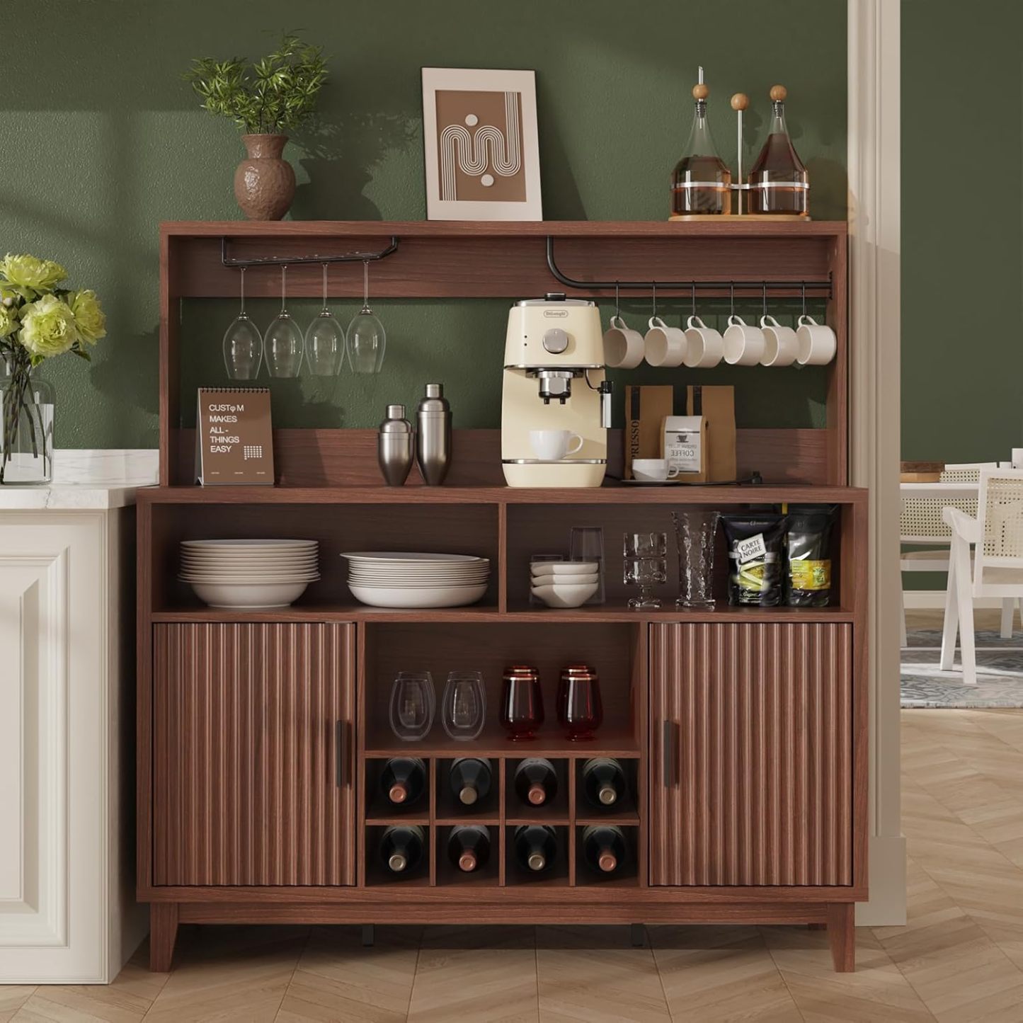 VEANERWOOD Fluted Coffee Bar Cabinet with Wine Rack & Charging Station, Modern Sideboard Buffet Cabinet with Glass Holder and 6 Hook for Kitchen, Dining or Living Room