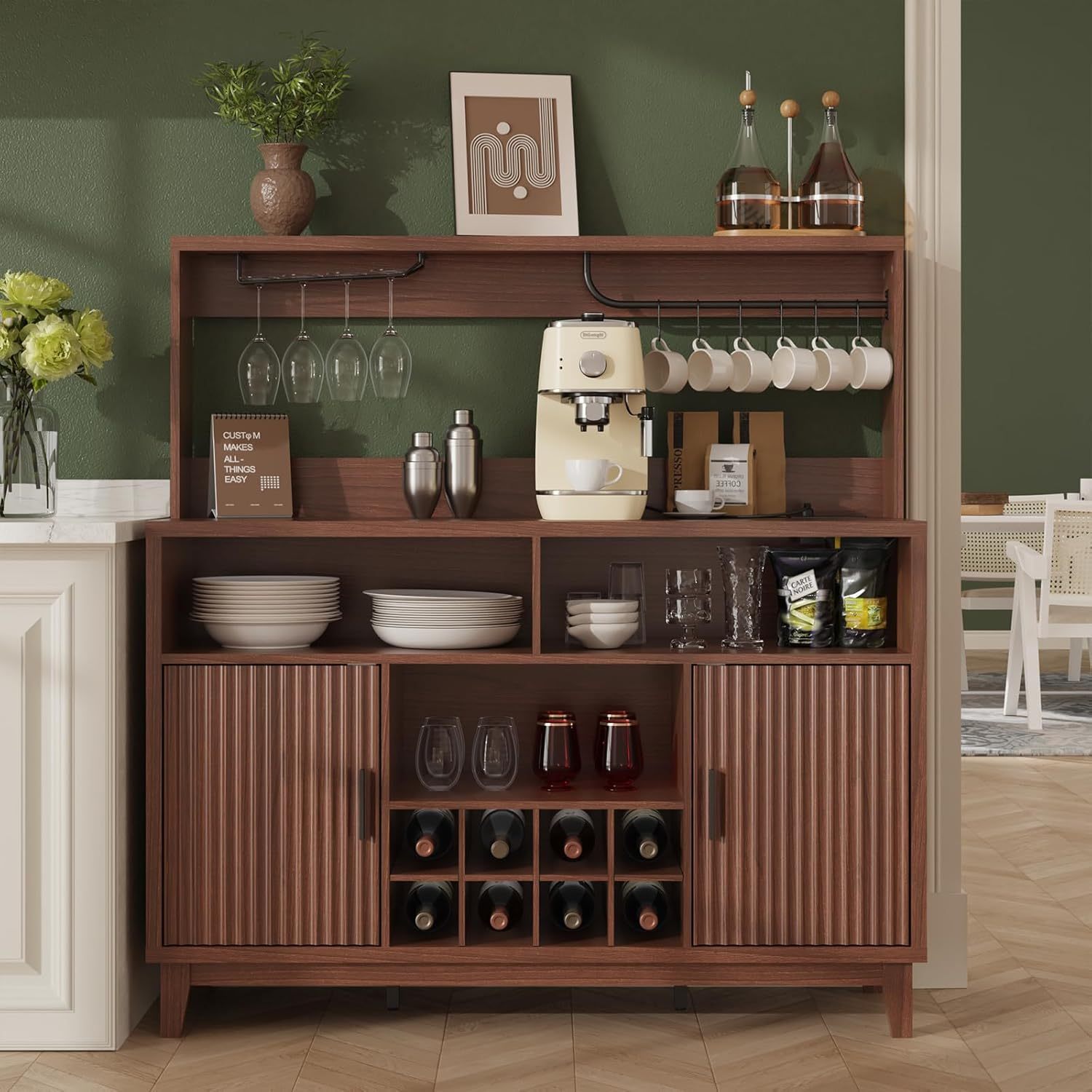 VEANERWOOD Fluted Coffee Bar Cabinet with Wine Rack & Charging Station, Modern Sideboard Buffet Cabinet with Glass Holder and 6 Hook for Kitchen, Dining or Living Room
