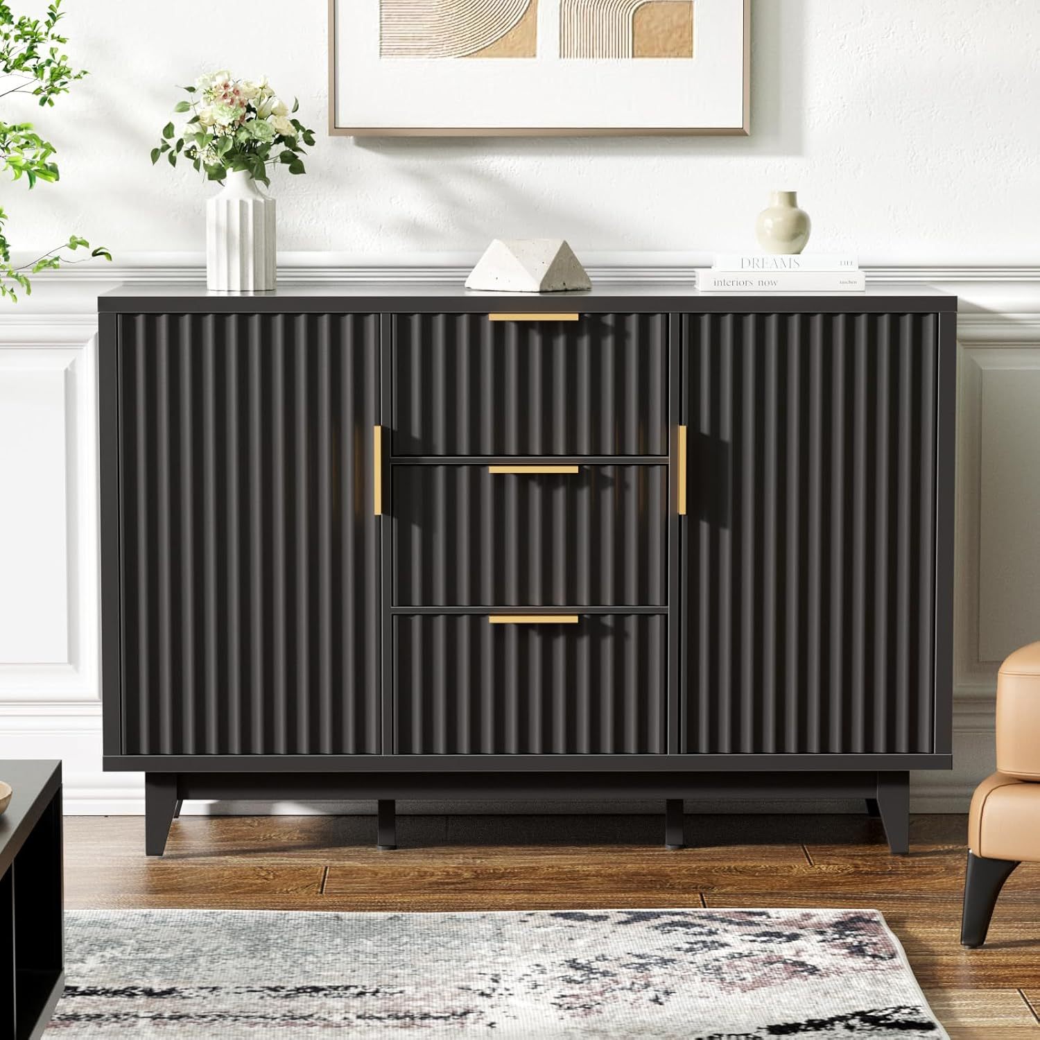 VEANERWOOD Fluted Cabinet with Storage, 2 Doors Sideboard Buffet Cabinet Modern Accent Cabinet