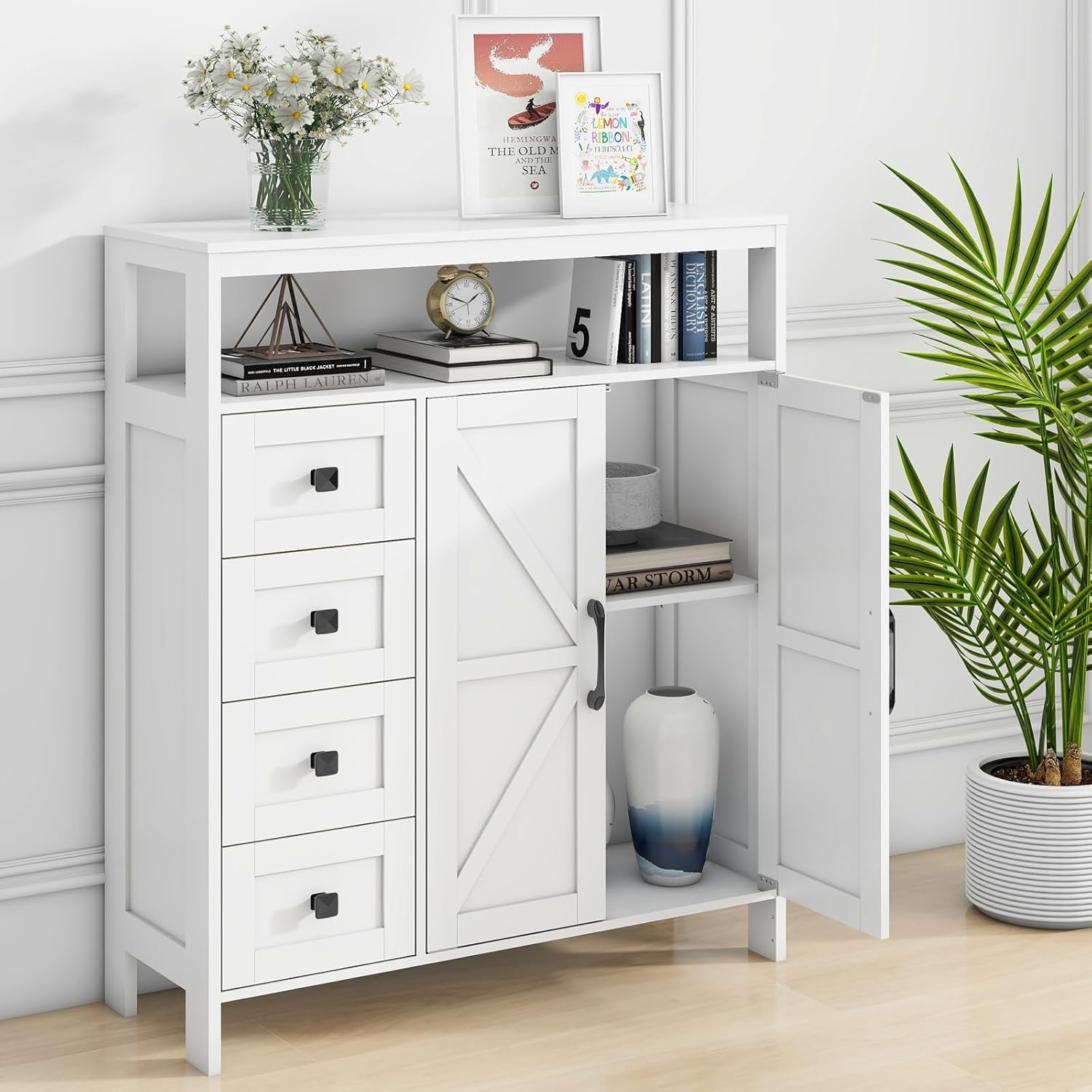 VEANERWOOD Farmhouse Bathroom Storage Cabinet with 4 Drawers and Adjus