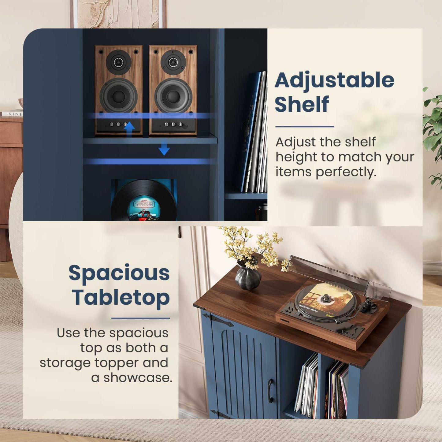 Halitaa Large Record Player Stand with Vinyl Storage Cabinet & Shelf | Mid Century Modern Turntable Stand with Adjustable Shelves, Solid Wood Media Cabinet for Living Room, Bedroom, Music Corner