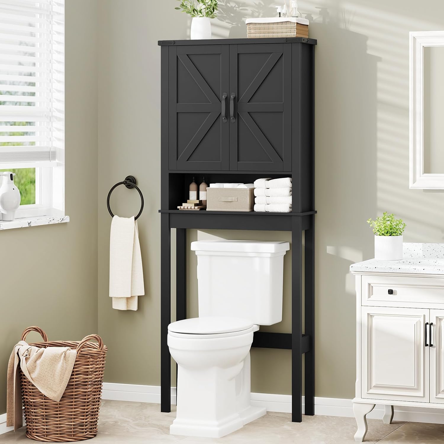 Over The Toilet Storage Cabinet, Farmhouse Over Toilet Bathroom Organizer with 2 Barn Doors, Narrow Above Toilet Storage Cabinet, Behind Toilet Bathroom Organizer