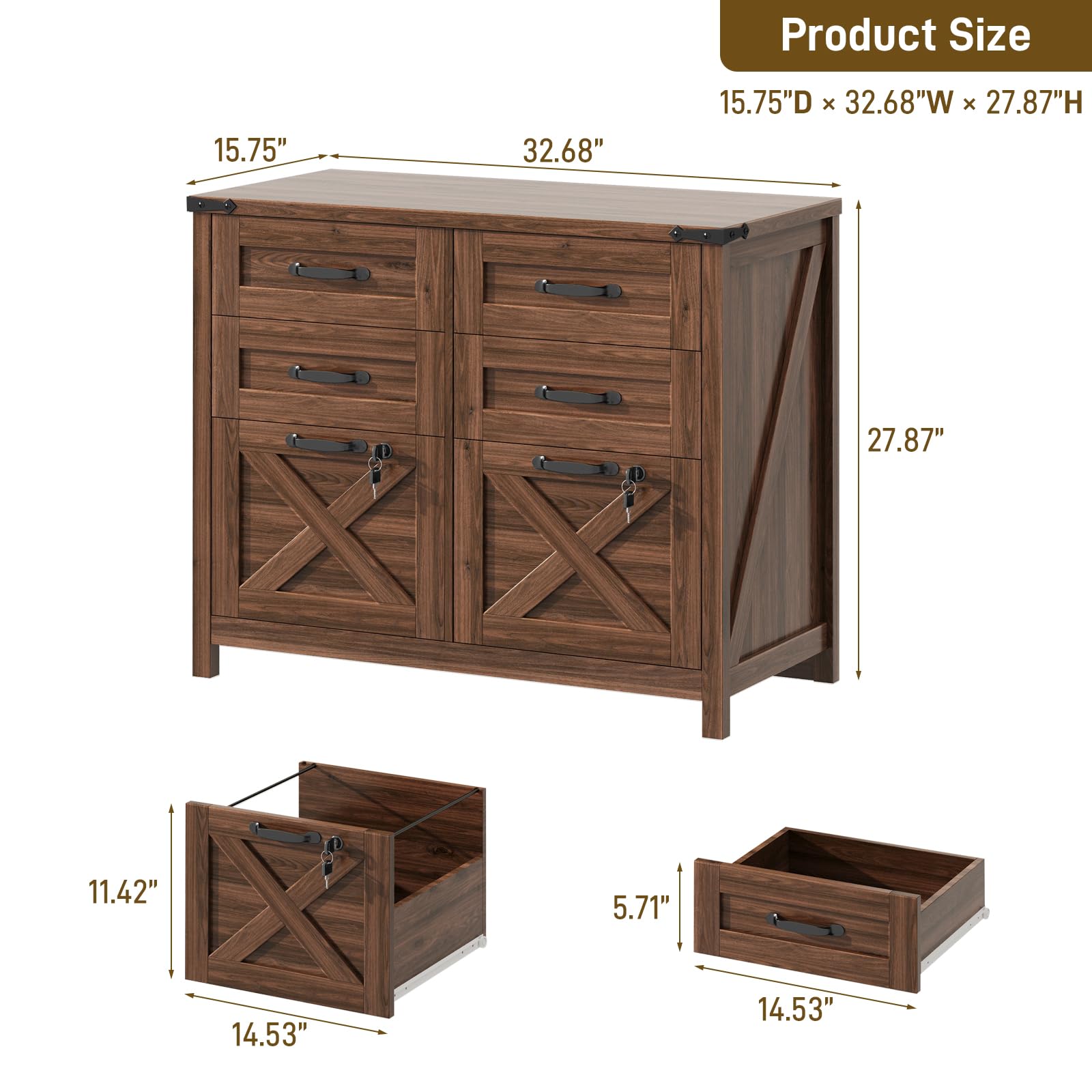 Halitaa Farmhouse Lateral File Cabinet with 6 Drawers, Walnut|Lateral Filing Cabinet with Lock for Letter/A4 Size Hanging File, Wood File Storage Cabinet Printer Stand for Home Office