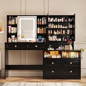VEANERWOOD Large Vanity Desk with Sliding Mirror and Lights, Makeup Table with 6 Drawers and 15 Shelves,Vanity with Charging Station & Light Strip