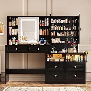 VEANERWOOD Large Vanity Desk with Sliding Mirror and Lights, Makeup Ta