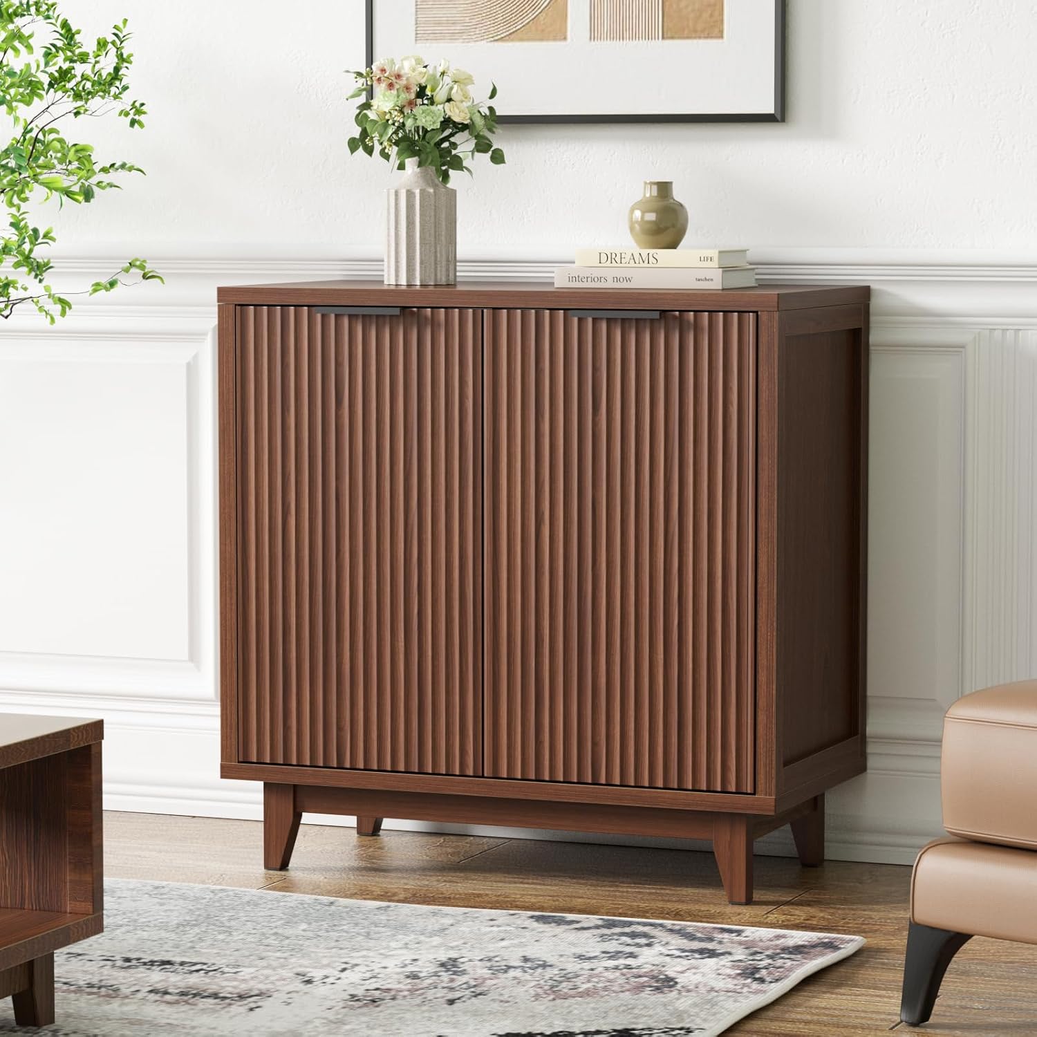 VEANERWOOD Fluted Cabinet with Storage, 2 Doors Sideboard Buffet Cabinet Modern Accent Cabinet