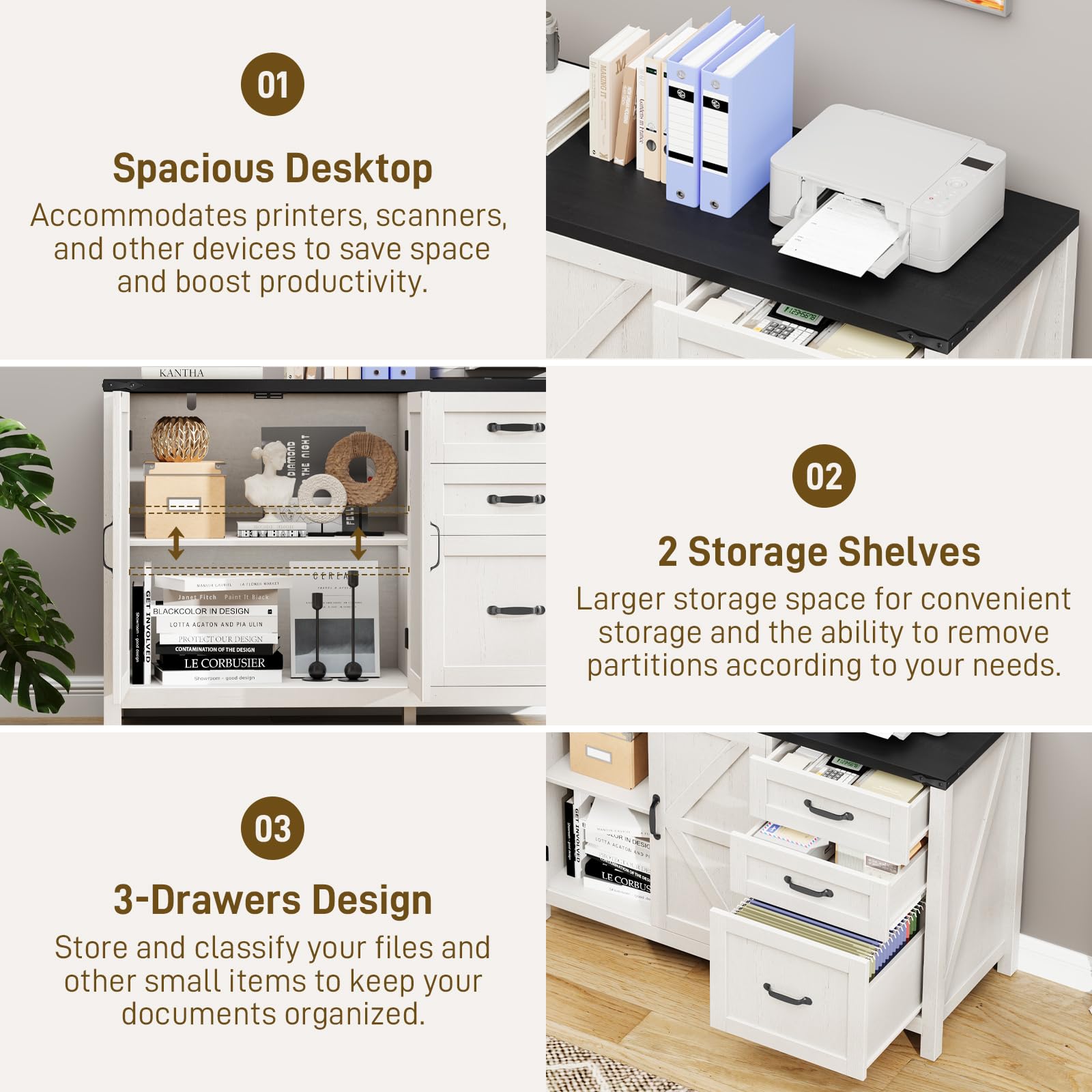 Halitaa 3 Drawer File Cabinet, Farmhouse Lateral Filing Cabinet, White and Black|File Cabinet with Doors for Letter/A4 Size Hanging Files, Large Wood Storage Cabinets Printer Stand for Home Office