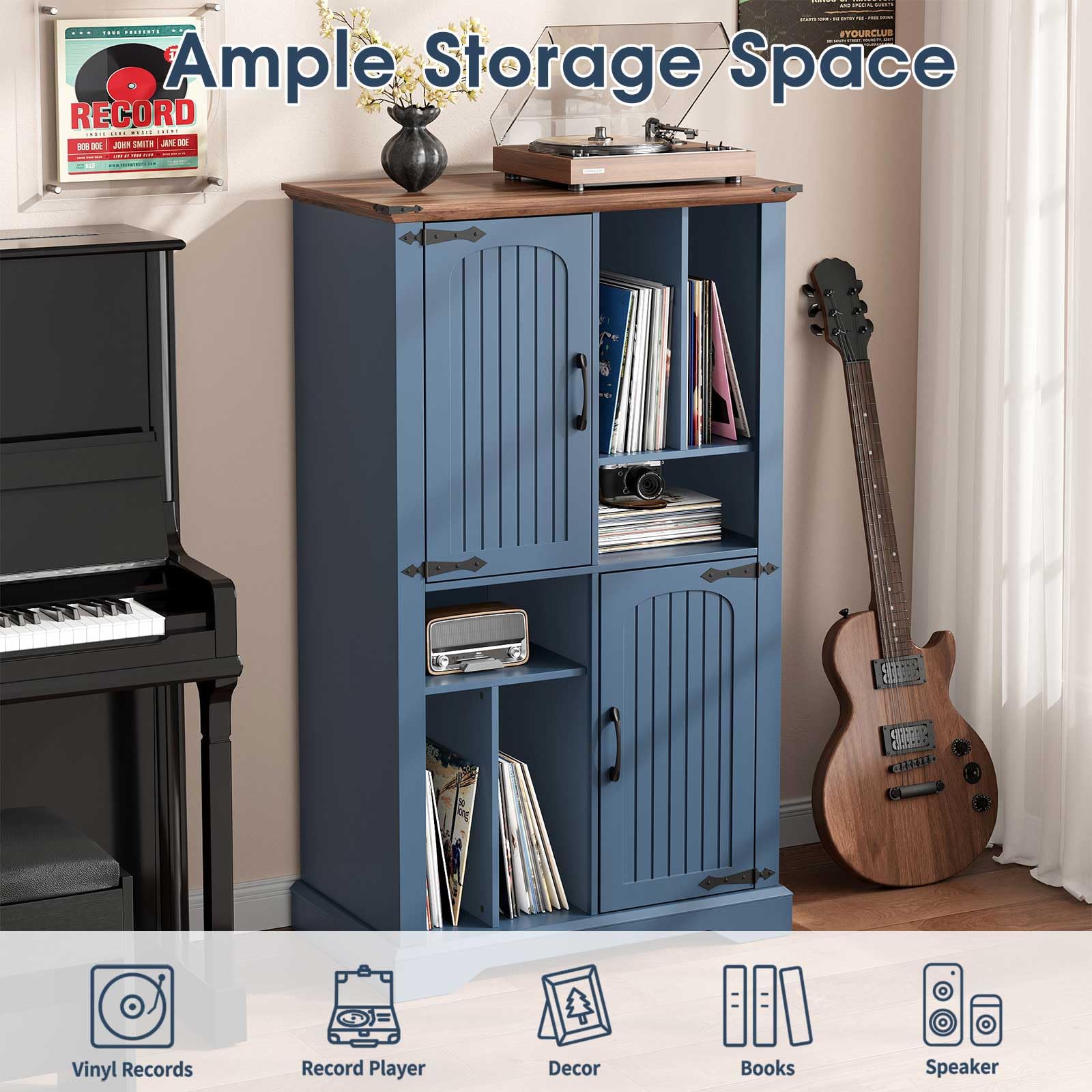 Halitaa Large Record Player Stand with Vinyl Storage Cabinet & Shelf | Mid Century Modern Turntable Stand with Adjustable Shelves, Solid Wood Media Cabinet for Living Room, Bedroom, Music Corner