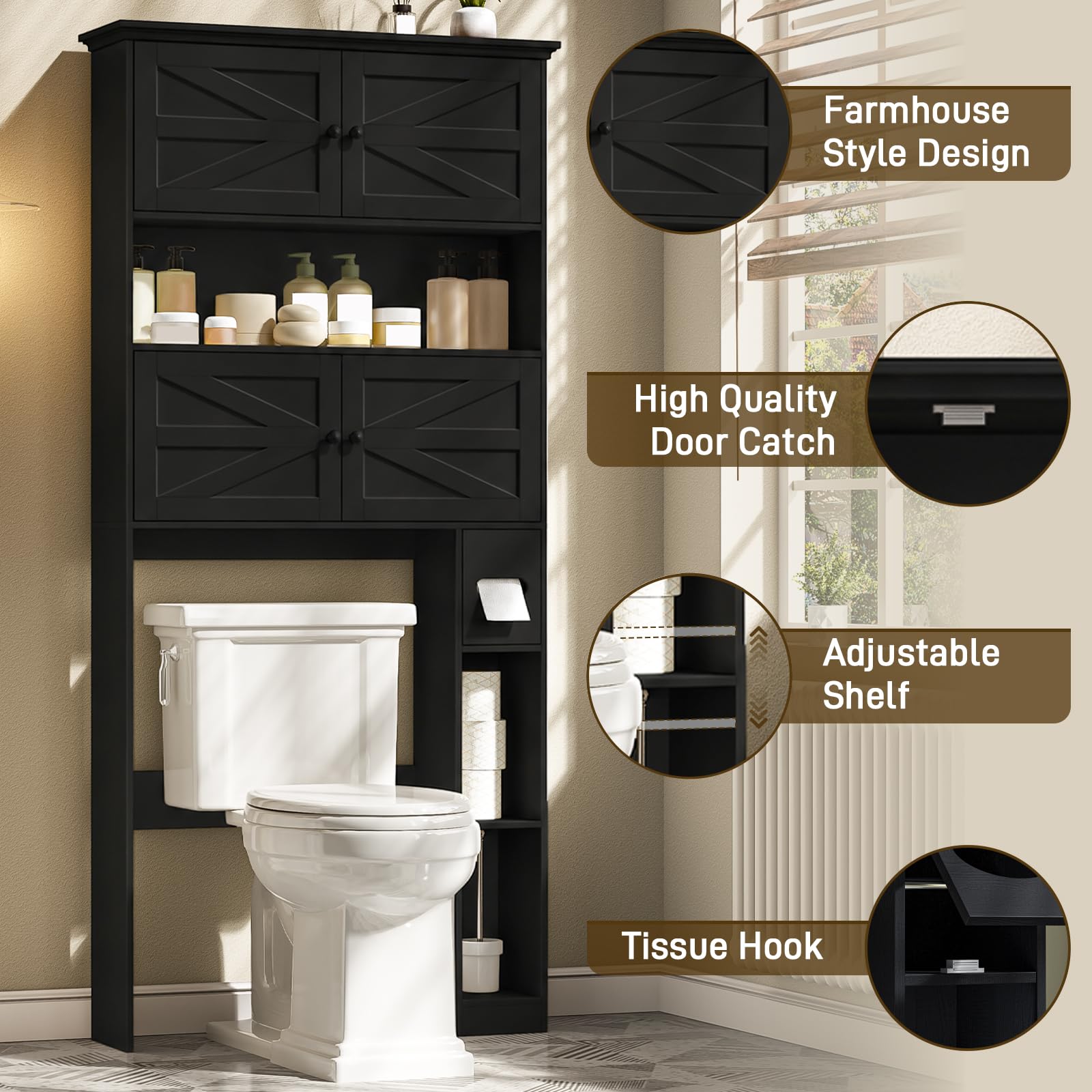 Halitaa Wooden Over The Toilet Storage Cabinet with Barn Door|Farmhouse Toilet Shelf Home Space Saver with Toilet Paper Holder, Freestanding Bathroom Storage Cabinet Organizer