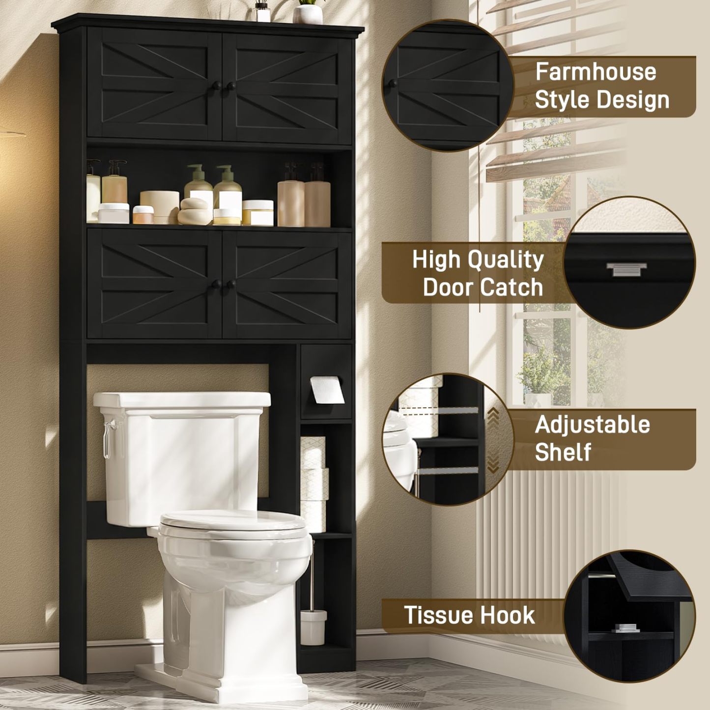 Halitaa Wooden Over The Toilet Storage Cabinet with Barn Door|Farmhouse Toilet Shelf Home Space Saver with Toilet Paper Holder, Freestanding Bathroom Storage Cabinet Organizer