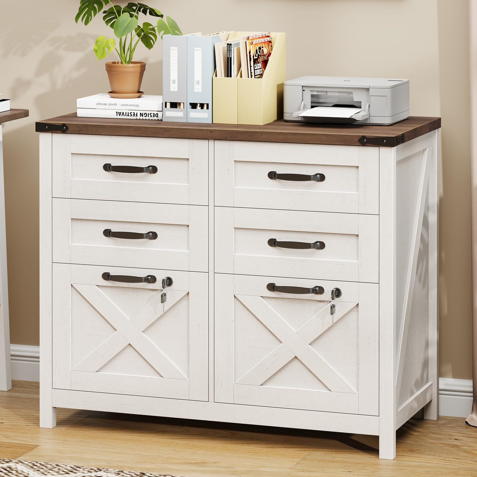 Halitaa Lateral File Cabinet with 6 Drawers, Farmhouse File Cabinet with Lock for Letter/A4 Size Hanging Files, Wood File Storage Cabinets Printer Stand for Home Office Cabinets, Rustic White and Brown