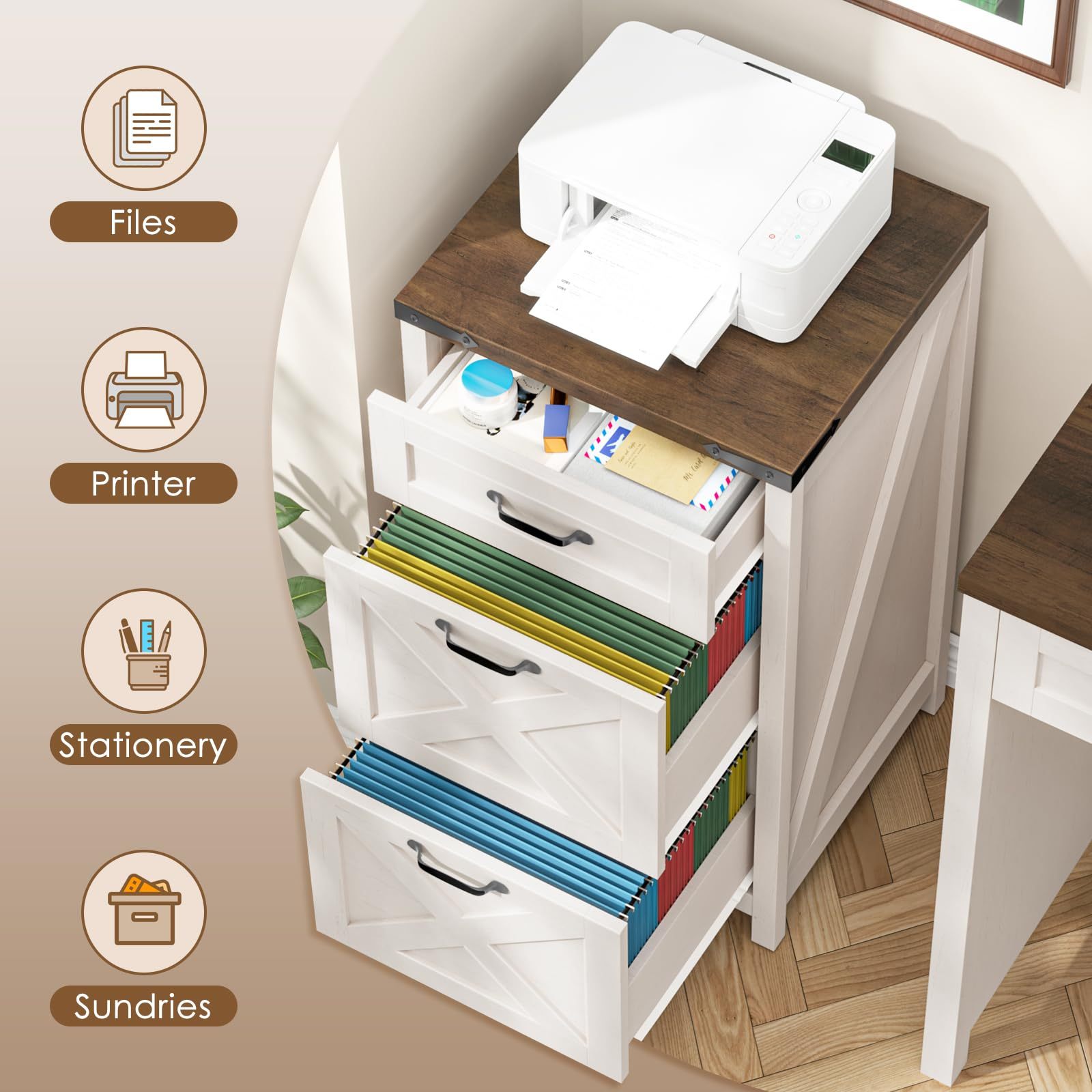 Halitaa Farmhouse Vertical File Cabinet with 3 Drawers, Wooden Small Filing Cabinet Fits Letter/A4 Size, Printer Stand for Home Office and Living Room, Rustic White
