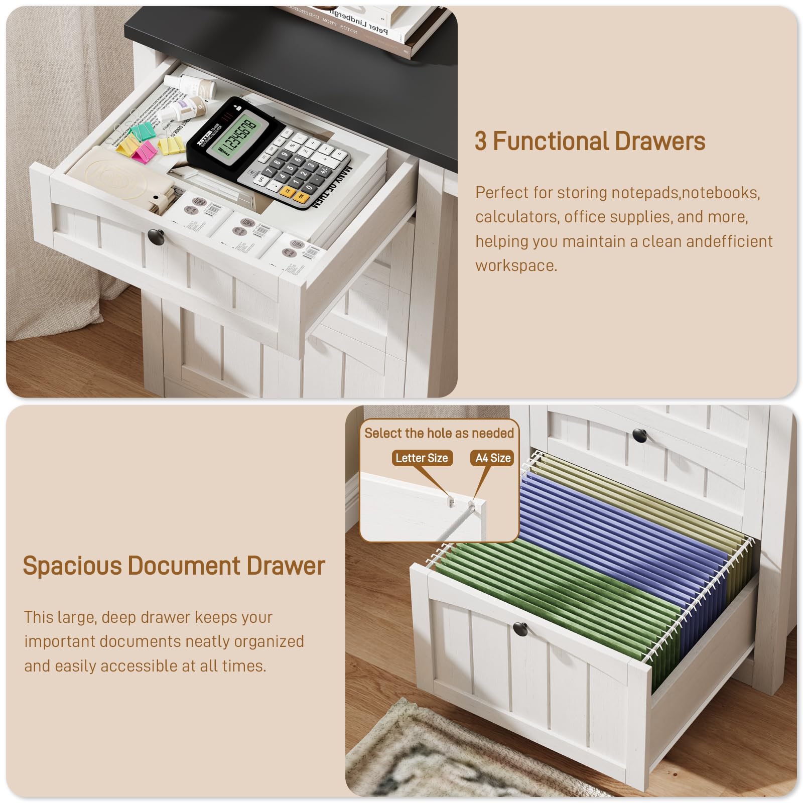Halitaa 47" Farmhouse Home Office Desk with 4 Drawers | Halitaa Wooden Executive Desk with File Drawer, Computer Desk with Storage Cabinet Workstation for Work, Study and Writing