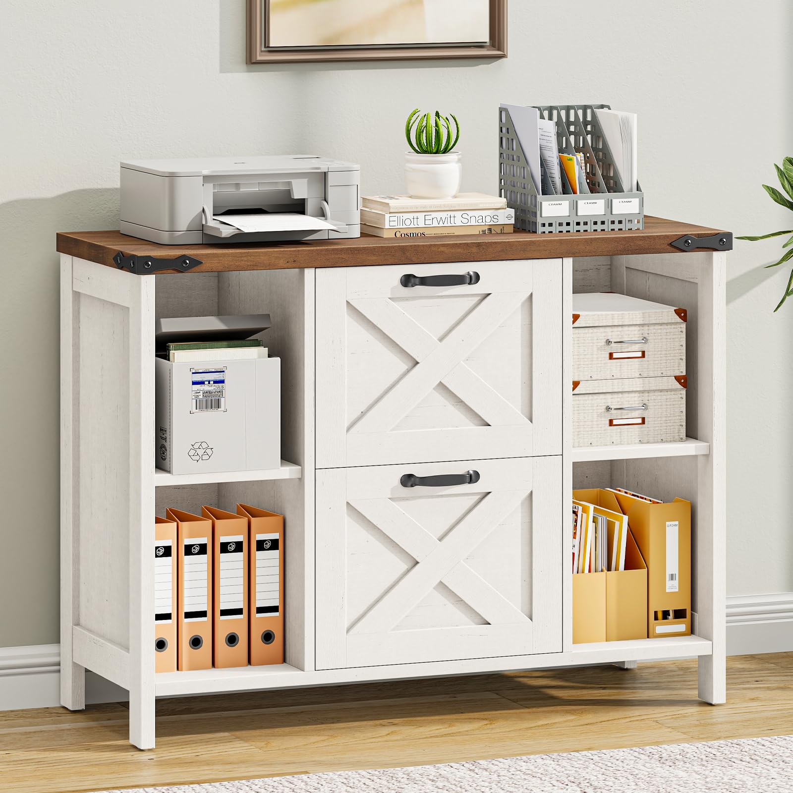 Halitaa Farmhouse Lateral File Cabinet with 2 Drawers and Shelves, Rustic White | Lateral Filing Cabinet Fits Letter or A4 Size, Wood Printer Stand with Open Storage Adjustable Shelf for Home Office