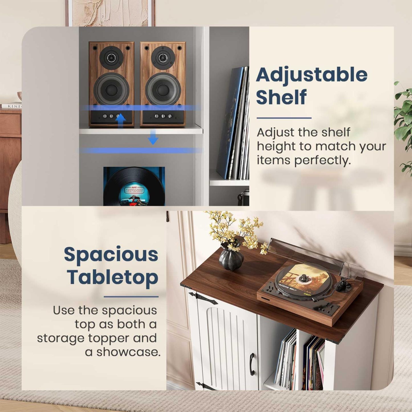 Halitaa Large Record Player Stand with Vinyl Storage Cabinet & Shelf | Mid Century Modern Turntable Stand with Adjustable Shelves, Solid Wood Media Cabinet for Living Room, Bedroom, Music Corner