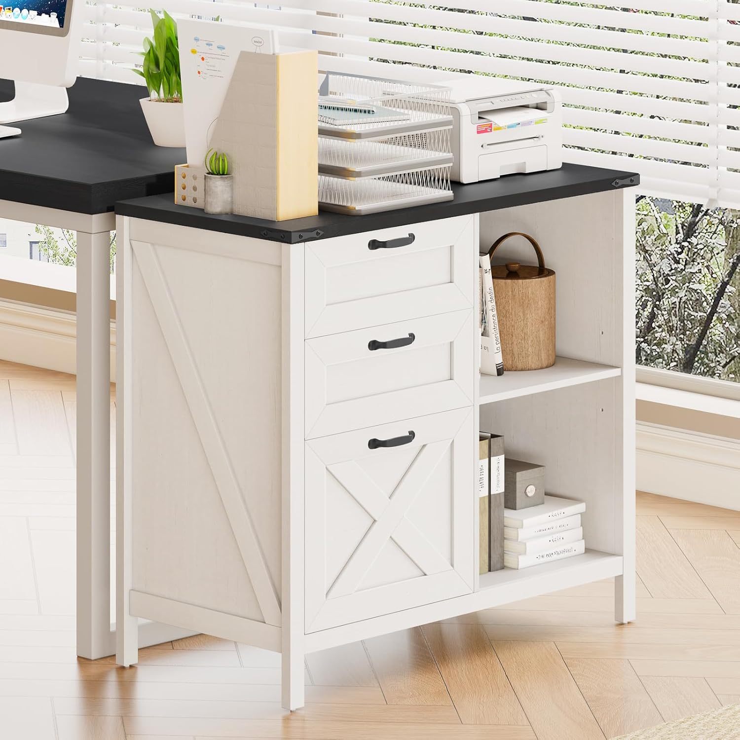 Halitaa 3 Drawer File Cabinet, Farmhouse Lateral Filing Cabinet Fits Files Letter or A4 Size, Wooden Printer Stand with Open Storage Adjustable Shelf for Home Office