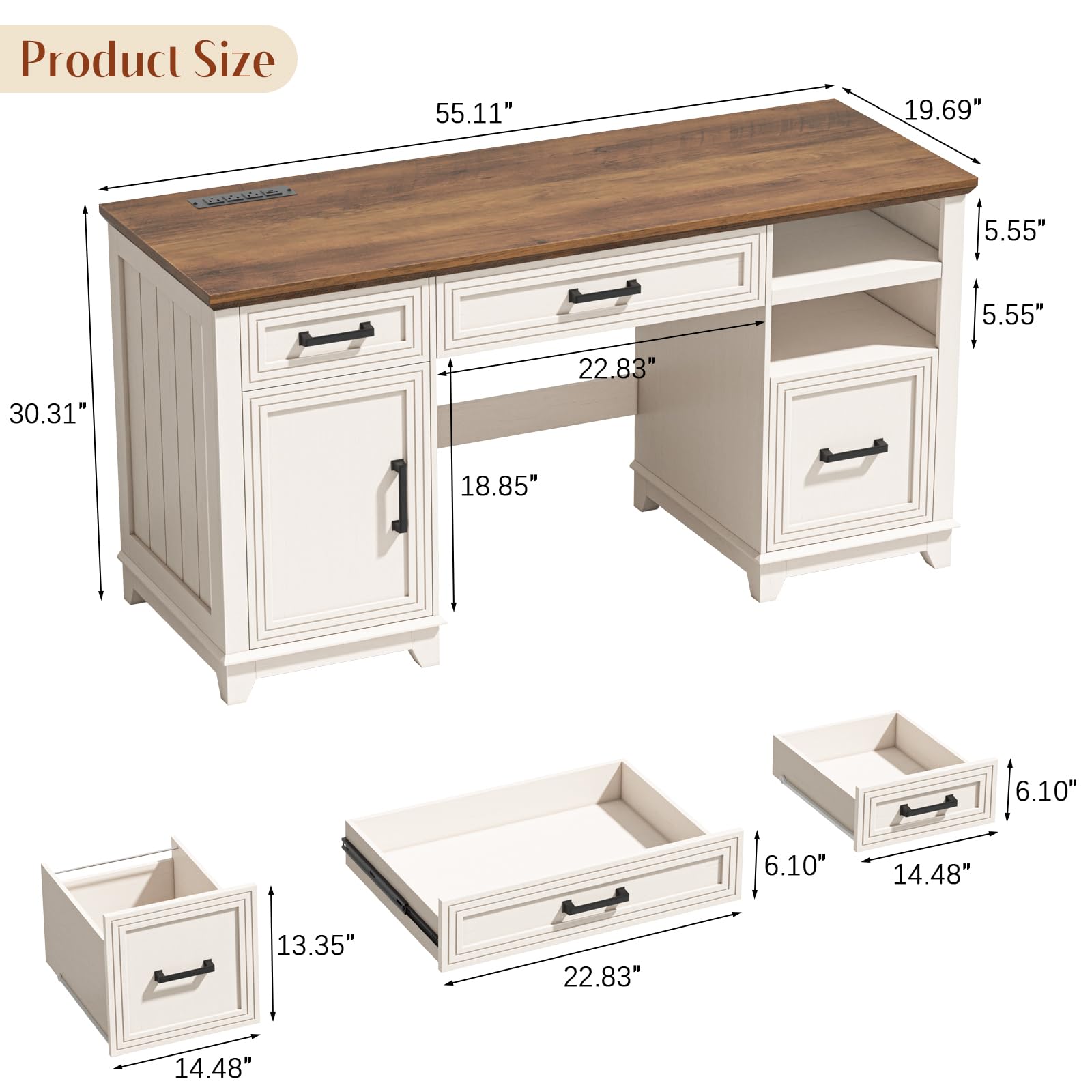 Halitaa 55" Farmhouse Desk with Drawers for Home Office, Rustic White|Wooden Executive Desk with Charging Station, Computer Desk with File Drawer and Storage Cabinet for Work, Study and Writing