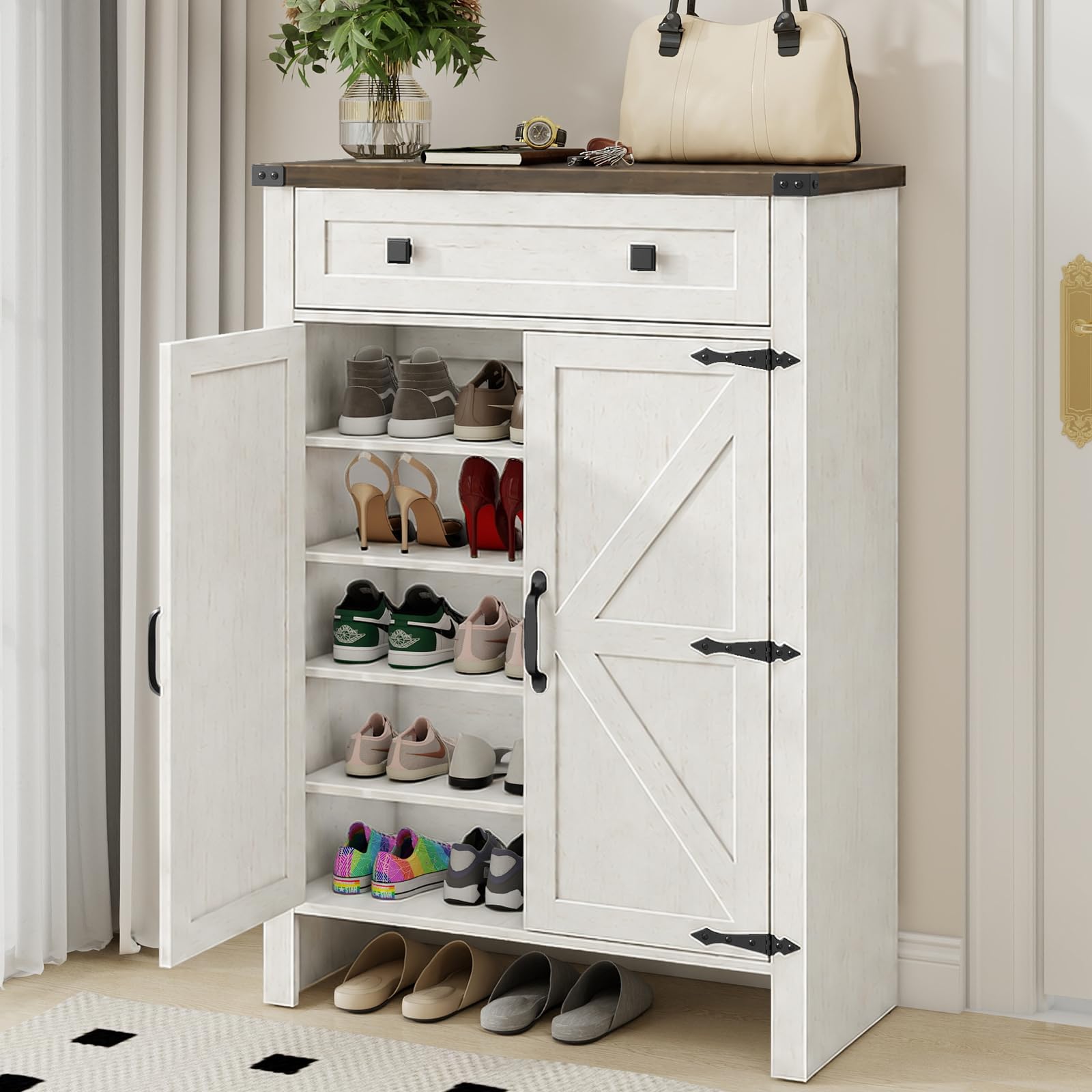 Halitaa Shoe Cabinet, Farmhouse Shoe Storage Organizer, Shoe Storage Cabinet with Doors & Drawer, Boots High-Shoe Cabinet Organizer for Entryway Living Room Hallway, Rustic White
