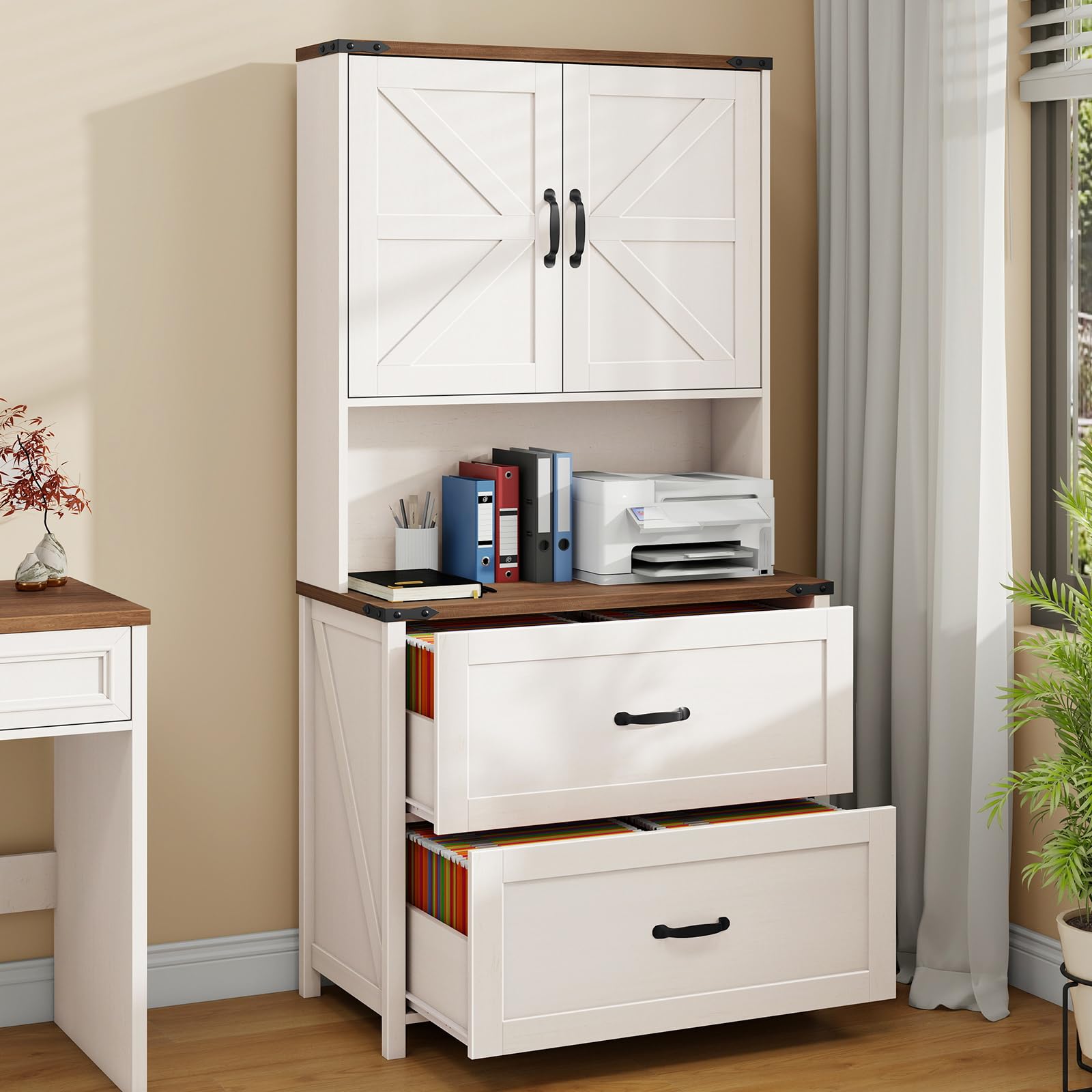 Halitaa Farmhouse 2 Drawer Lateral File Cabinet, Rustic White Wood Cabinet|Hanging File Storage for Legal/Letter/A4 Size, Adjustable Shelves, Printer Stand with Bookshelf, Wood Cabinet for Home Office