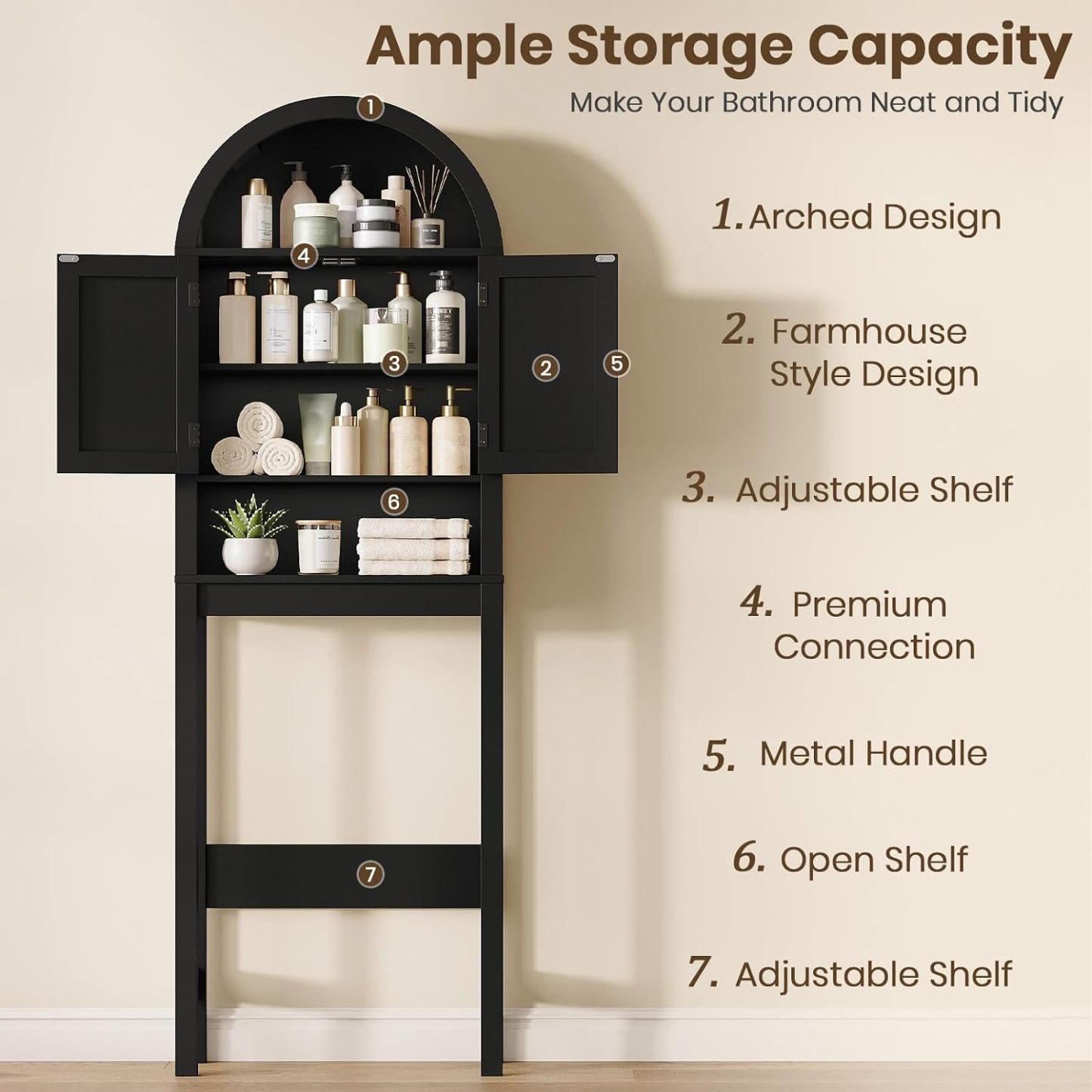 Halitaa Arched Over The Toilet Storage Cabinet with Barn Doors | Wooden Small Organizer, Farmhouse Style Bathroom Cabinet with Adjustable Shelf, Freestanding Bathroom Storage Cabinet