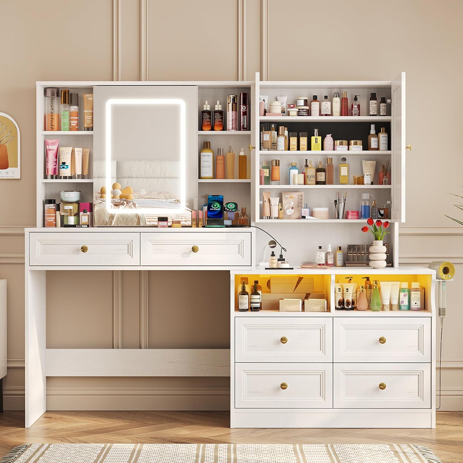 VEANERWOOD Large Vanity Desk with Sliding Mirror and Lights, Makeup Ta