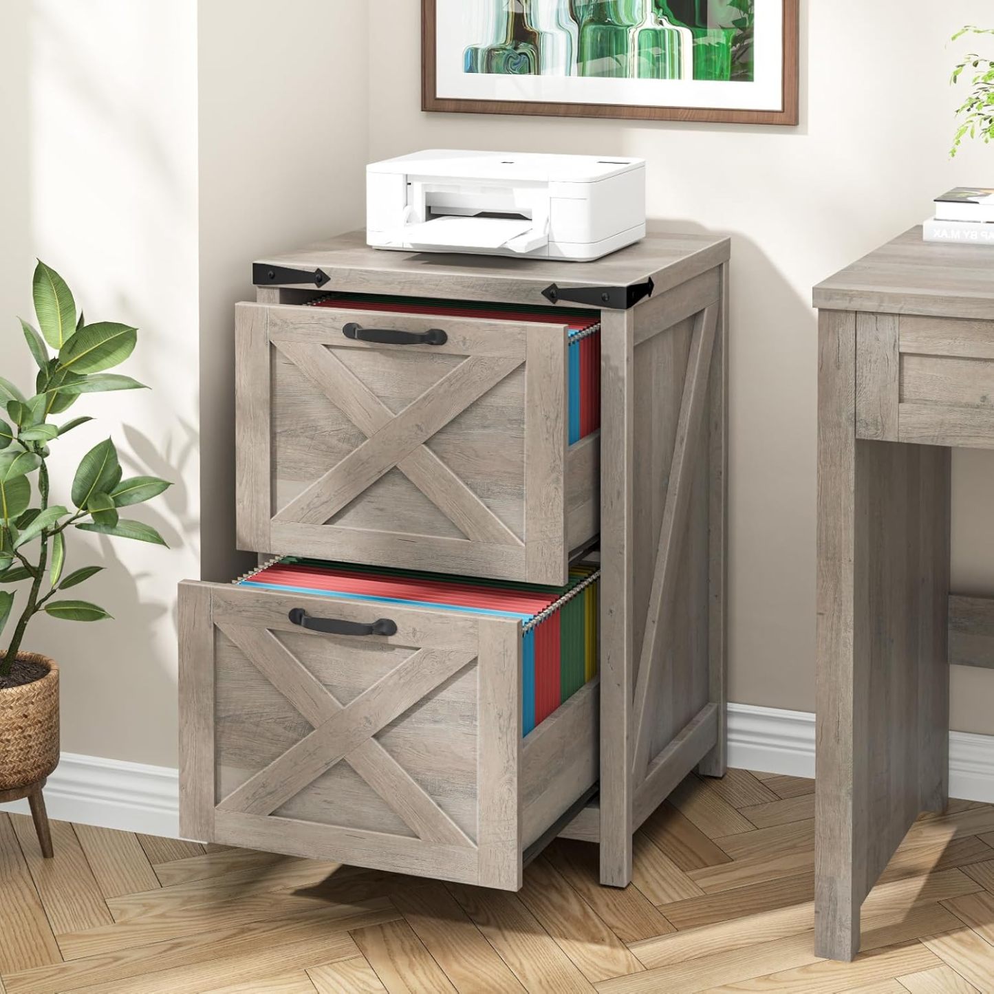 Halitaa 2 Drawer Small File Cabinet, Farmhouse Vertical Filing Cabinet Fits Letter and A4 Size, Under Desk Wooden File Cabinets for Home Office, Printer Stand