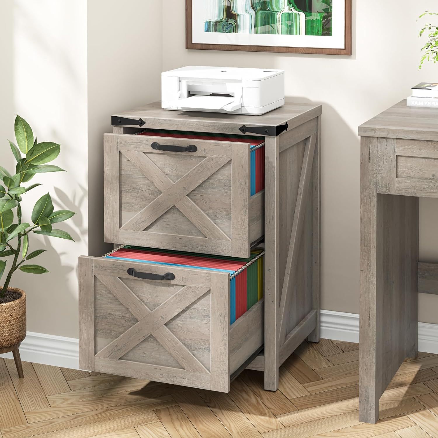 Halitaa 2 Drawer Small File Cabinet, Farmhouse Vertical Filing Cabinet Fits Letter and A4 Size, Under Desk Wooden File Cabinets for Home Office, Printer Stand