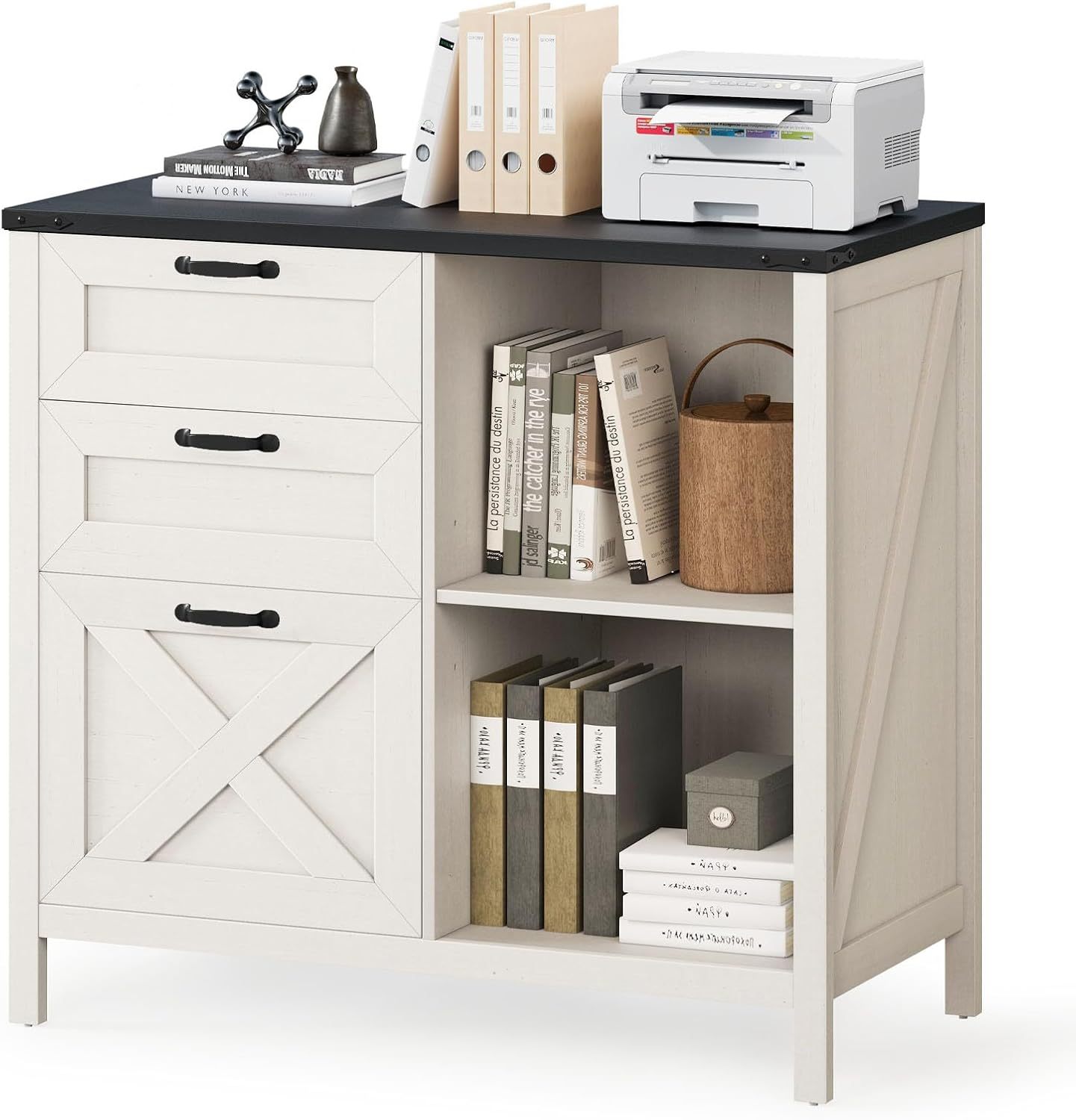 Halitaa 3 Drawer File Cabinet, Farmhouse Lateral Filing Cabinet Fits Files Letter or A4 Size, Wooden Printer Stand with Open Storage Adjustable Shelf for Home Office