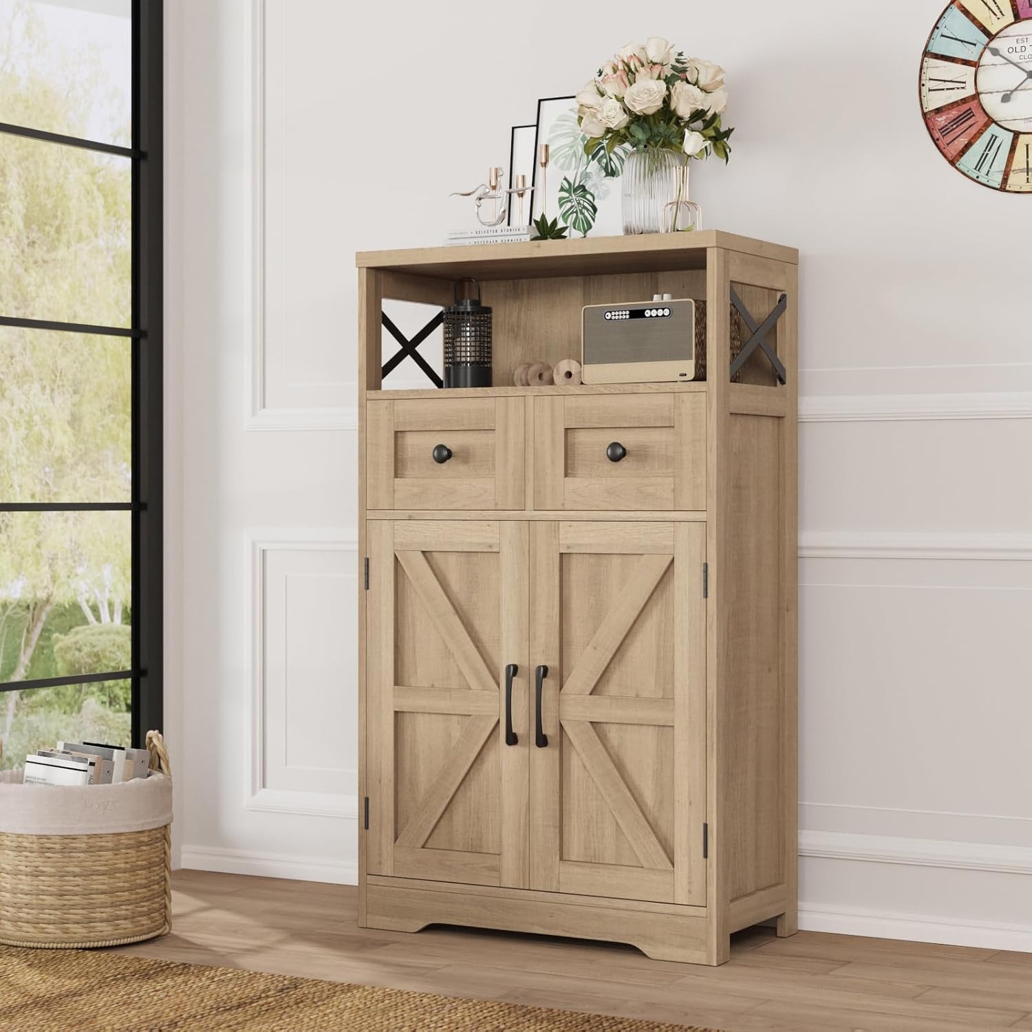 VEANERWOOD Farmhouse Storage Cabinet with Drawers and Shelves, Freesta