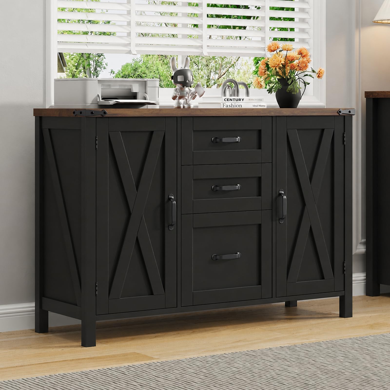 Halitaa 3 Drawer File Cabinet, Farmhouse Lateral Filing Cabinet with Doors Fits Letter or A4 Size, Wooden Printer Stand with Open Storage Adjustable Shelf for Home Office, Walnut