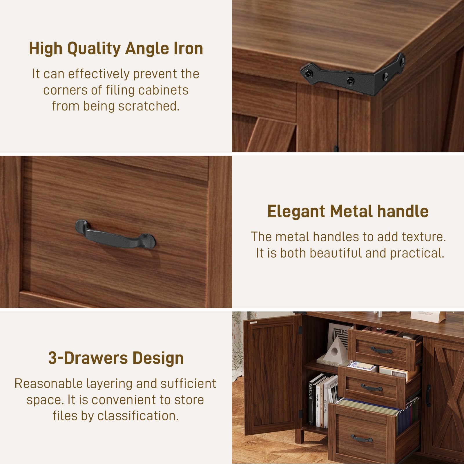 Halitaa 3 Drawer File Cabinet, Farmhouse Lateral Filing Cabinet with Doors Fits Letter or A4 Size, Wooden Printer Stand with Open Storage Adjustable Shelf for Home Office, Walnut