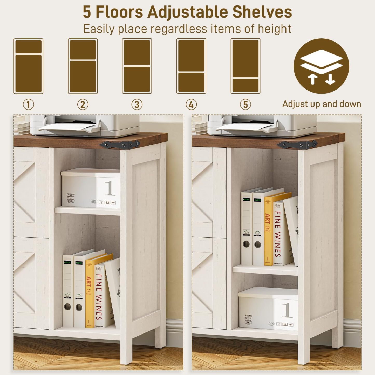 Halitaa Farmhouse Lateral File Cabinet with 2 Drawers and Shelves, Rustic White | Lateral Filing Cabinet Fits Letter or A4 Size, Wood Printer Stand with Open Storage Adjustable Shelf for Home Office
