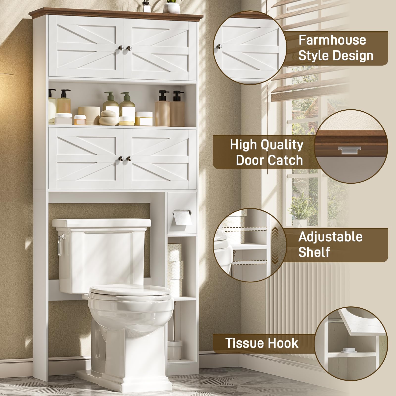 Halitaa Wooden Over The Toilet Storage Cabinet with Barn Door|Farmhouse Toilet Shelf Home Space Saver with Toilet Paper Holder, Freestanding Bathroom Storage Cabinet Organizer