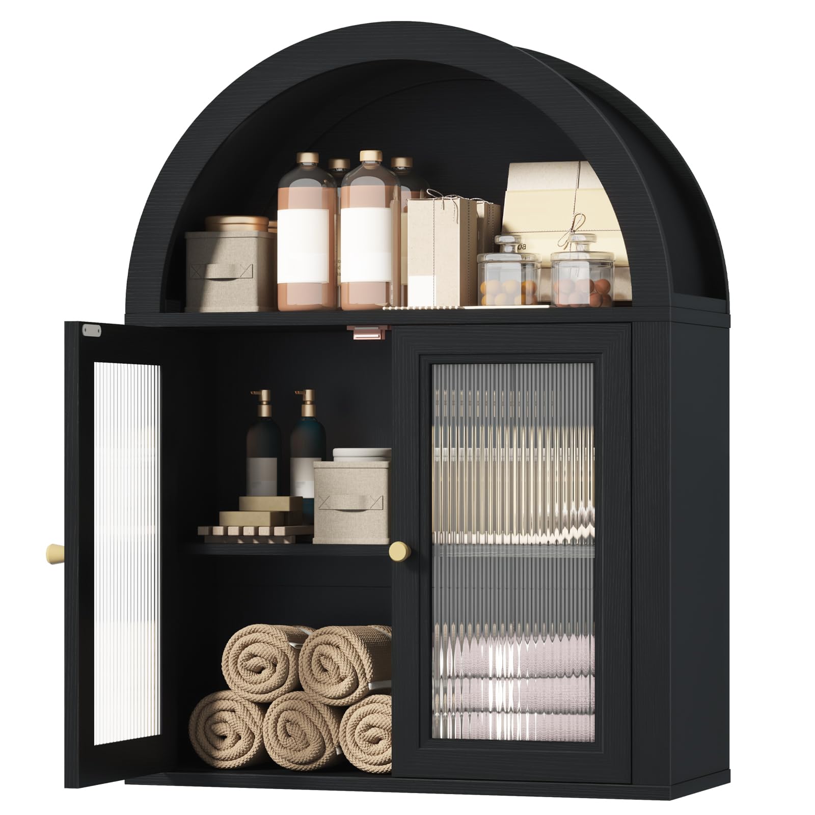 Halitaa Arched Wall Cabinet Over The Toilet Storage Cabinet, 23.6×31.5'' Wood Cabinet, bathroom cabinet wall mount with Acrylic Doors & Adjustable Shelves for Bathroom Laundry Room, Bedroom Kitchen, Black